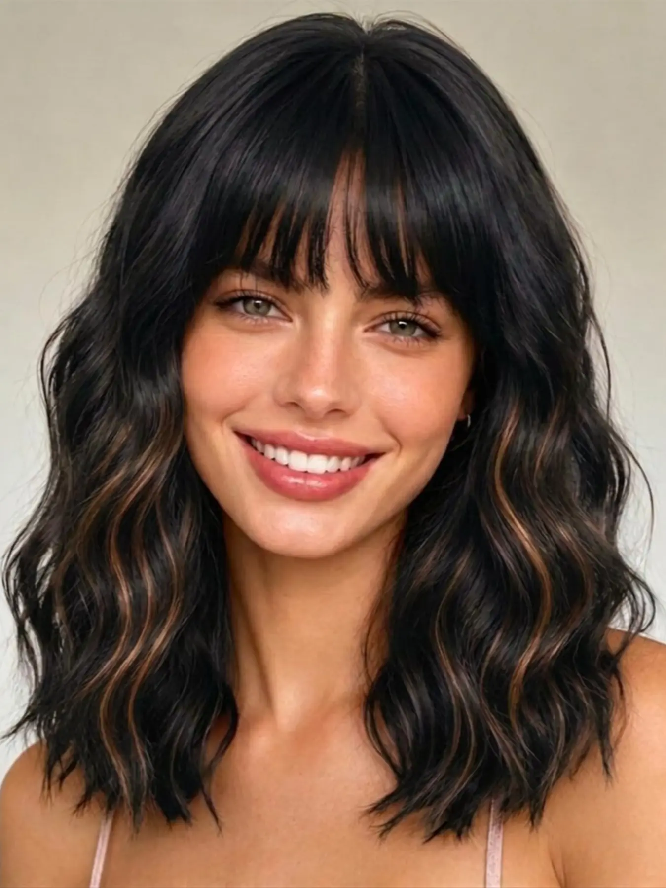 French Air Bangs Tea Highlights Water Wave Medium-Length Full Head Wig, Natural Layered Waves, Round Face Cover, Daily Commute Versatile Hairpiece