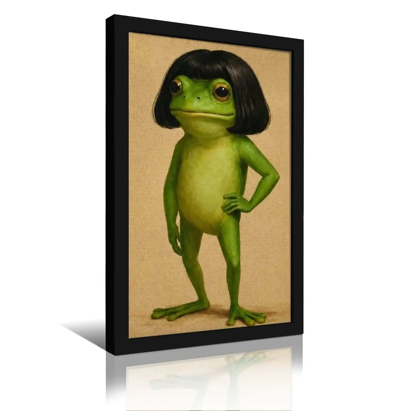 Funny Frog Bob Haircut Canvas Wall Art Print, Lightweight Artistic Artwork with Wig-Wearing Frog, Decorative Decoration for Living Room, Cafe Home Decor, Gift