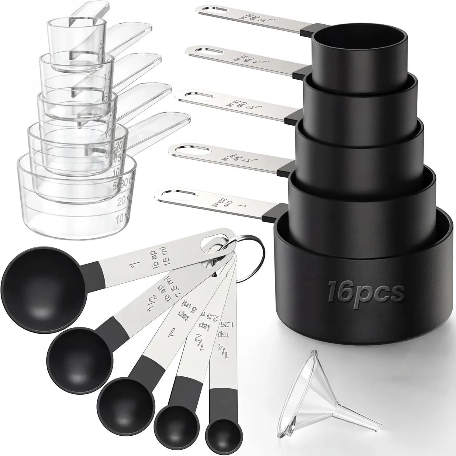 16PCS Measuring Cups and Spoons Set with Metric and US Measurements, Fits for Measuring Dry and Liquid - Black