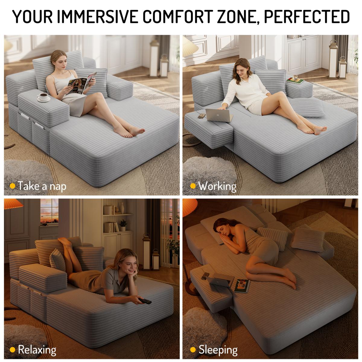 Luxurious Plush Corduroy Chaise Lounge with 3 Pillows, Convertible Sofa Bed with Storage Pocket, Frameless Design & Compression Foam for Small Spaces, Living Room, Apartment,Light Grey