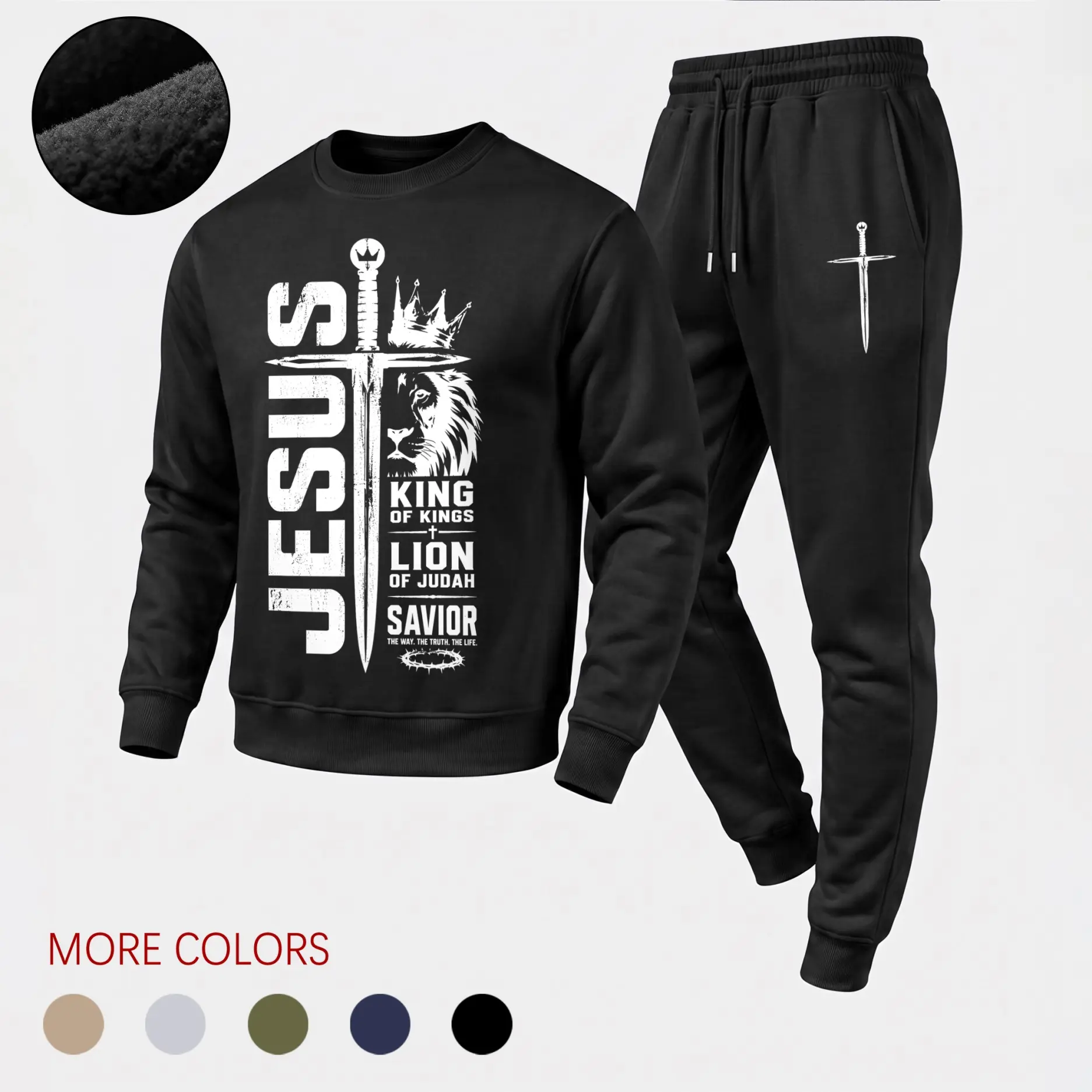 Men's 2-Piece Polyester Athletic Graphic Tracksuit Set - King of Kings Jesus, Lion of Judah Cross Crewneck Sweatshirt & Loose-Fit Breathable Drawstring Jogger Pants for Fall Winter Daily, Church Wear, Daily Wear, Male, Machine Wash