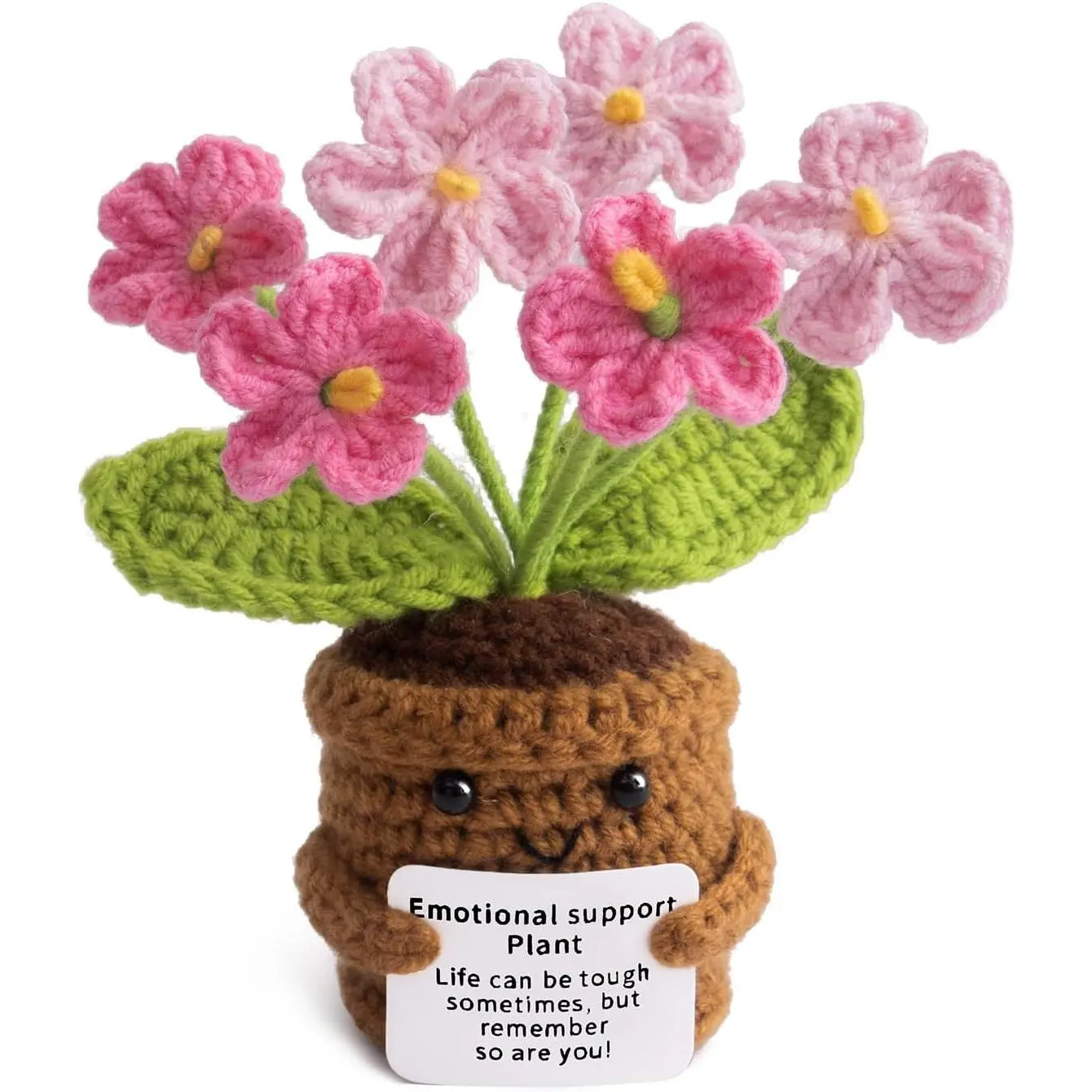 Handmade Mini Yarn Positive Flower Crochet Decor - Heartfelt Concept Inspirational Gift with Nightstand Fit - For Women, Thank You/Appreciation/Birthday Gift - Feel-Good Card Included