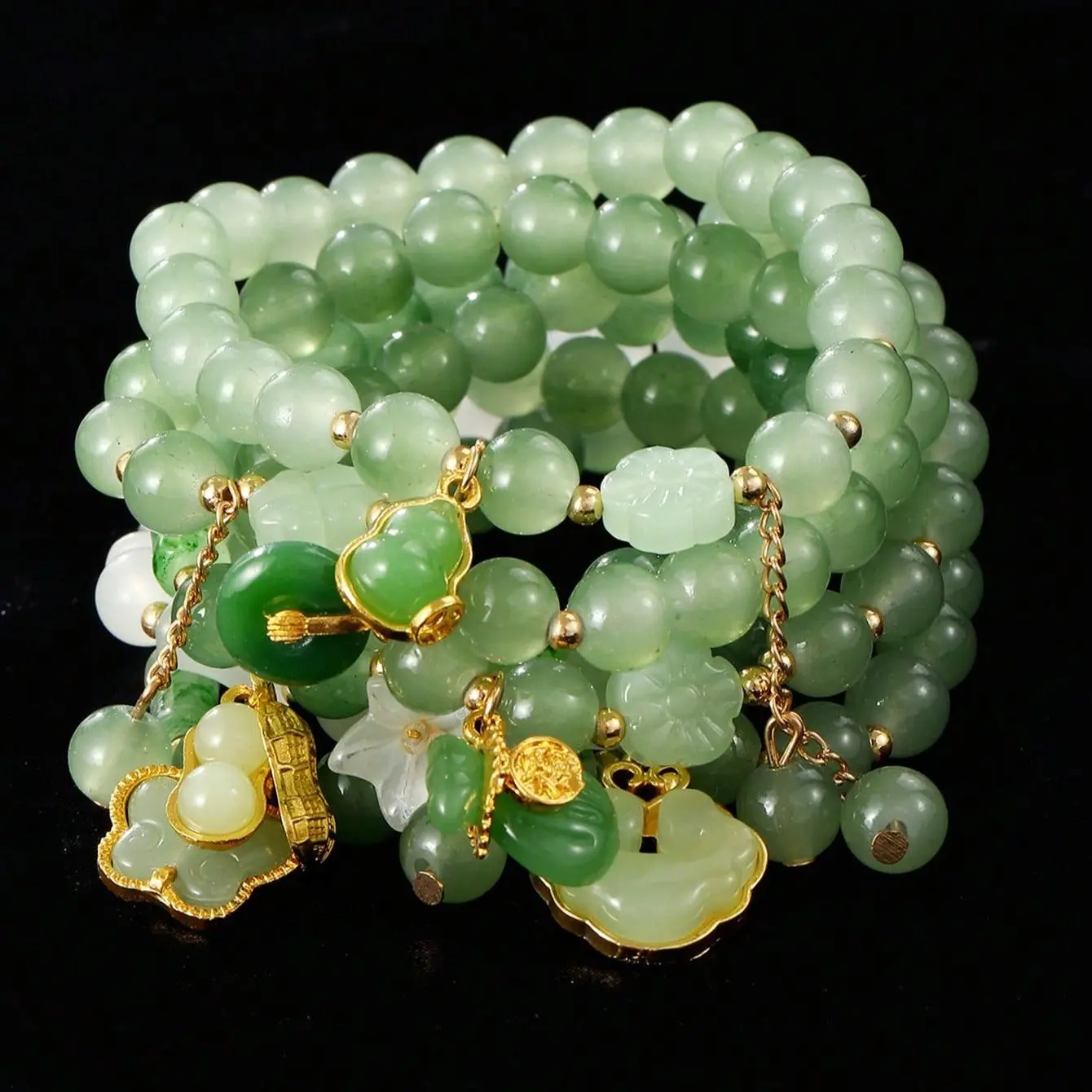 Exquisite Bracelet Set, 7pcs Faux Jade Multi-Strand Beaded Stack for Women with Butterfly, Gourd & Ruyi Pendants, Bracelets, Beads, Nylon, Jade Bracelet
