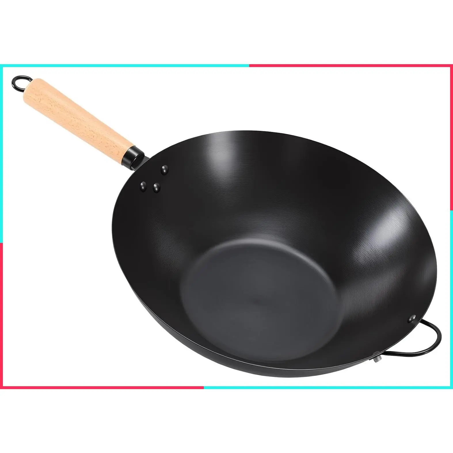13.5" Carbon Steel Wok Pan, No Chemical Coating, Pre-Seasoned Flat Bottom Wok for Family Meals and Camping, Compatible with Induction, Electric, Gas, Open Fire, Black