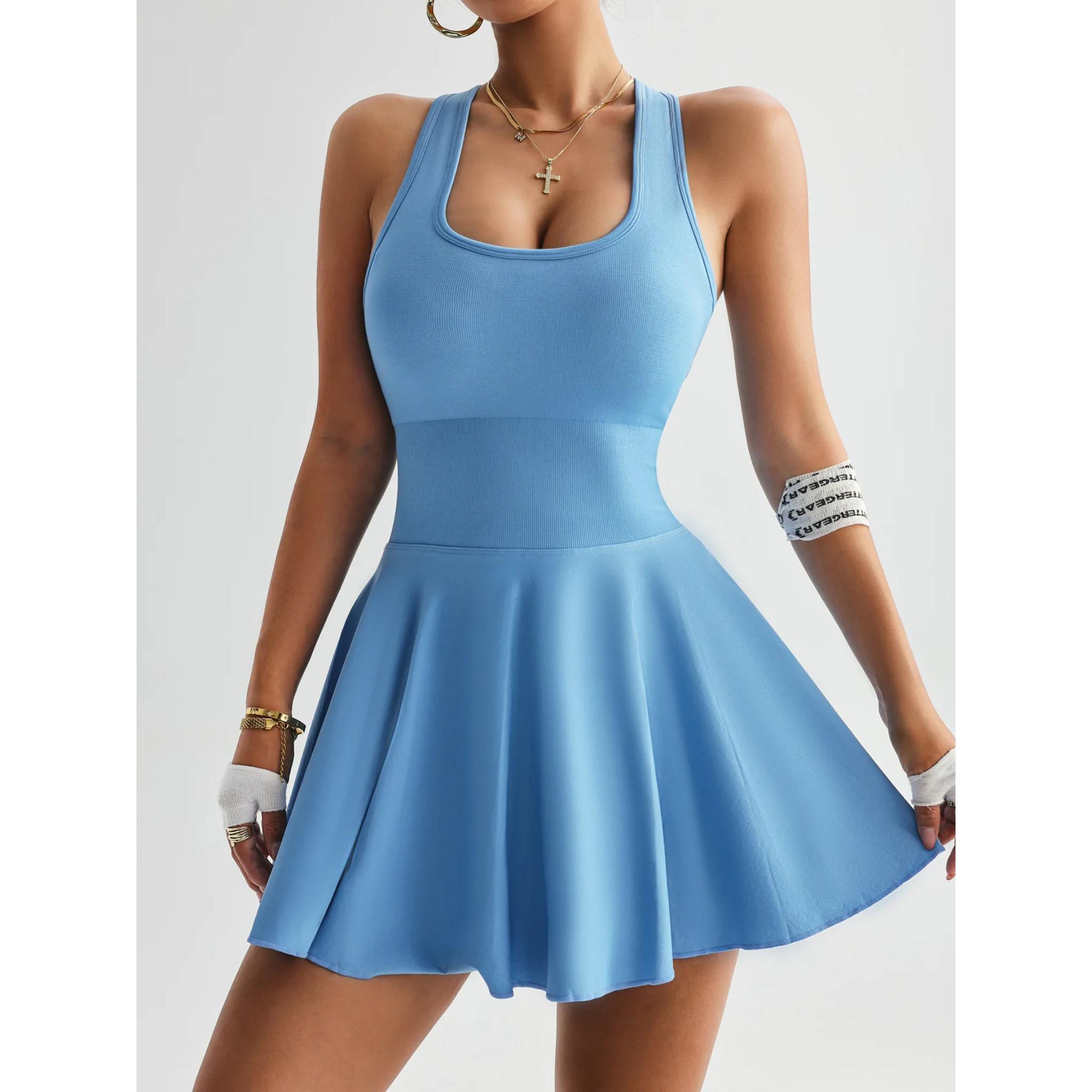 Women's tennis dress one-piece slim fit soft sportswear golf badminton suit with chest cushion sports yoga suit, Women's Seamless Racerback Tennis Dress with Built-in Shorts, Golf Activewear with Pockets