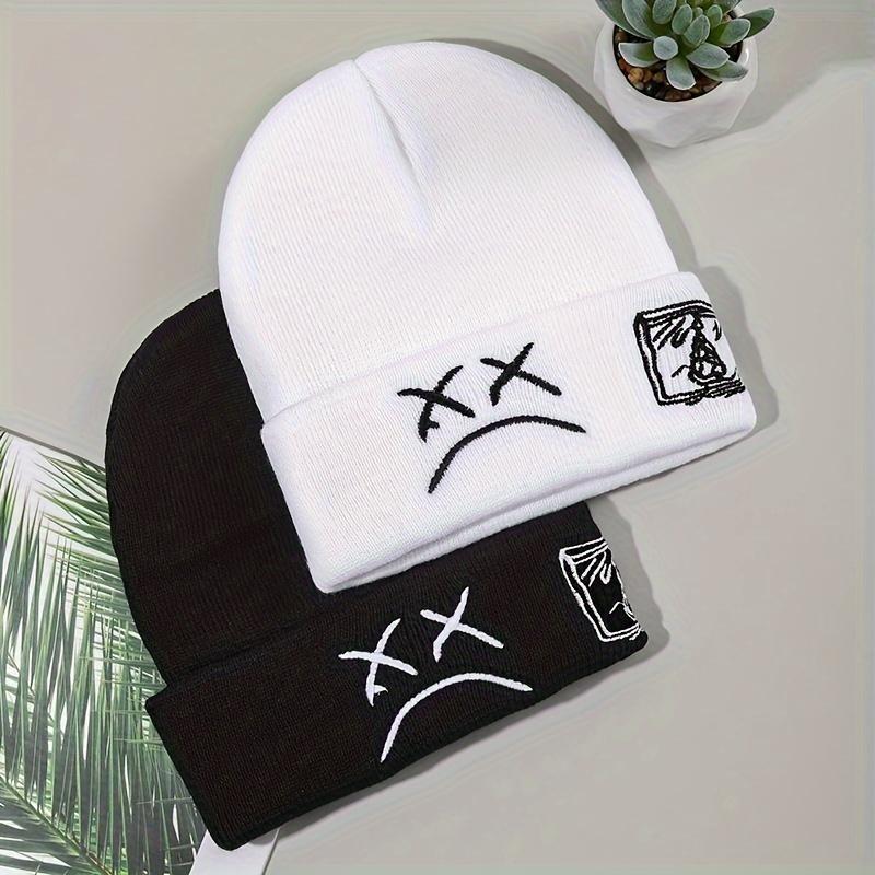 Sad Face Embroidered Beanie  – Stylish Unisex Hip Hop Knit Cap, Warm Black & White Cuffed Skull  for Winter, Trendy Streetwear Headwear for Men and Women, Daily Wear, Outdoor Activities, and Casual Outfits new adjustable hat Heart design wool western