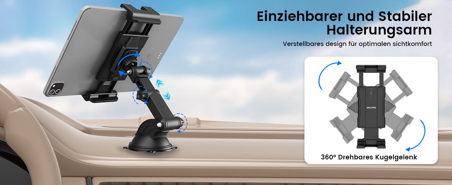 OHLPRO Tablet Holder Car, 360° Rotation Tablet Mounts, 18 cm, Extendable Arm + Washable Suction Cup, iPad Car Holder, Universal Windscreen & Dashboard for 5-13 Inch iPad, Sumsung, Smartphone