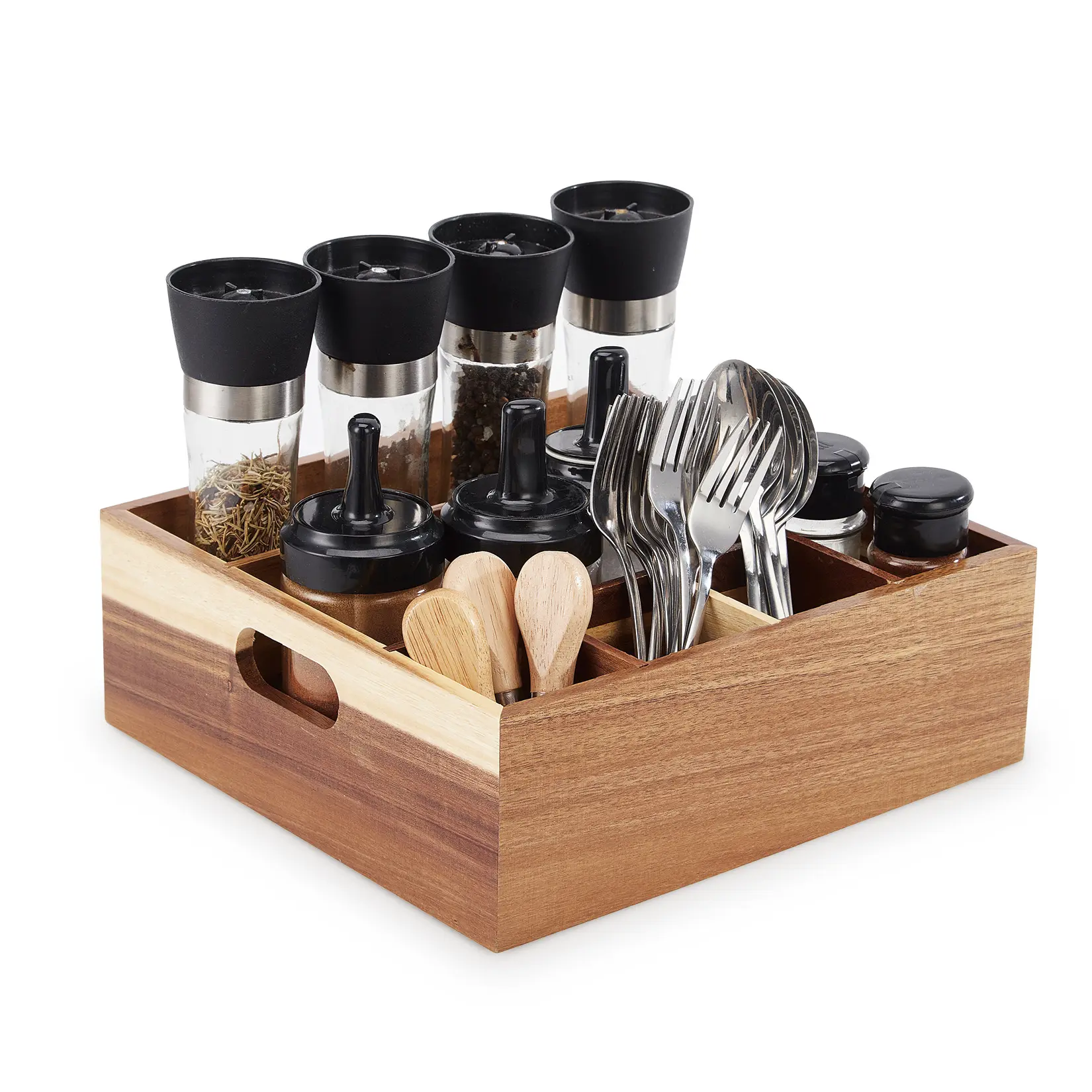Multi-Compartment Wood Flatware Caddy with Handles, Acacia Utensil Holder for Kitchen Counter, Buffet, BBQ & Picnic, No Assembly, Natural