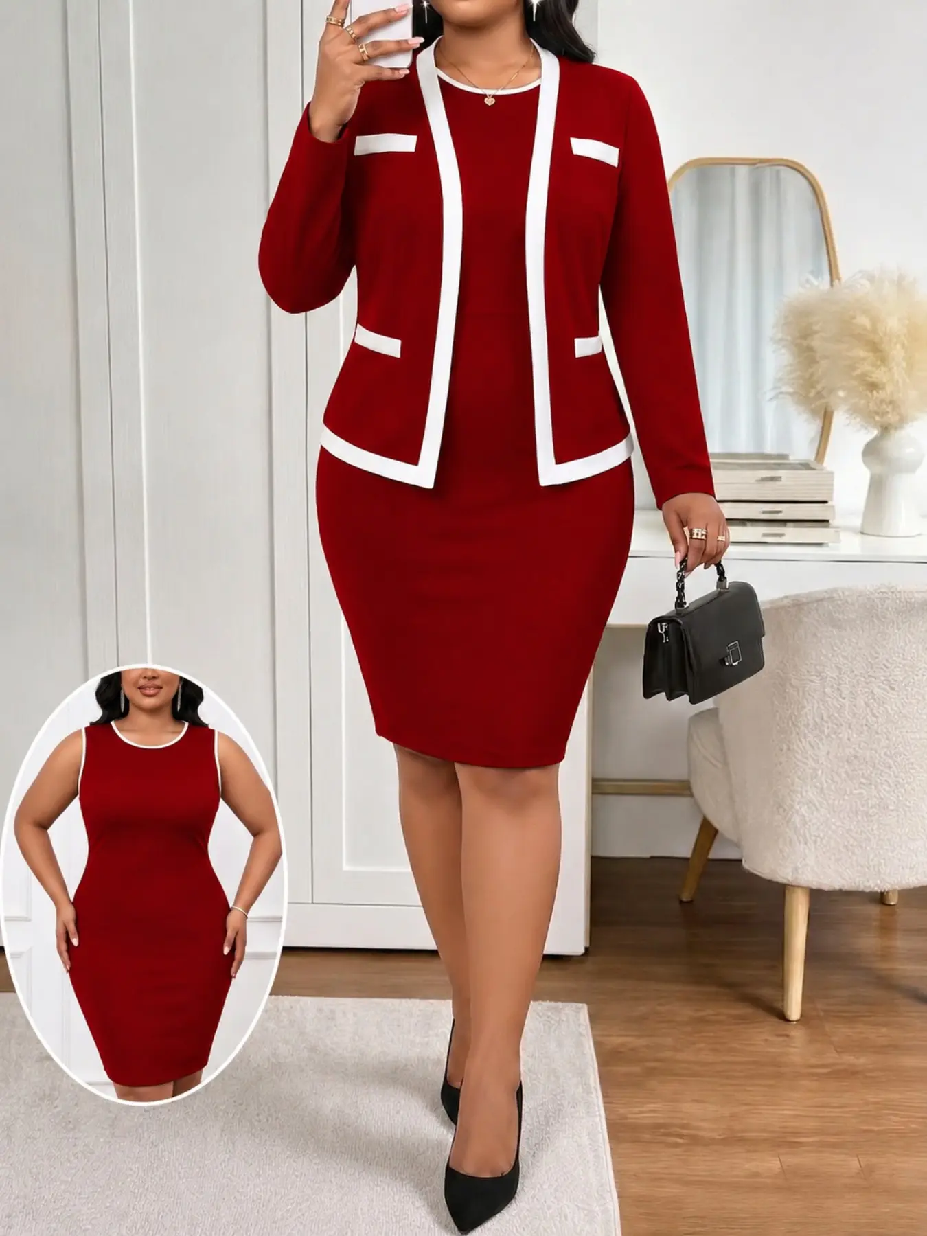 Women's Solid 2 Piece Business Outfit Set Contrast Trim Open Front Blazer Jacket Sleeveless Round Neck Bodycon Midi Dress Formal Work Suit for Office Business Meeting Daily Professional Wear