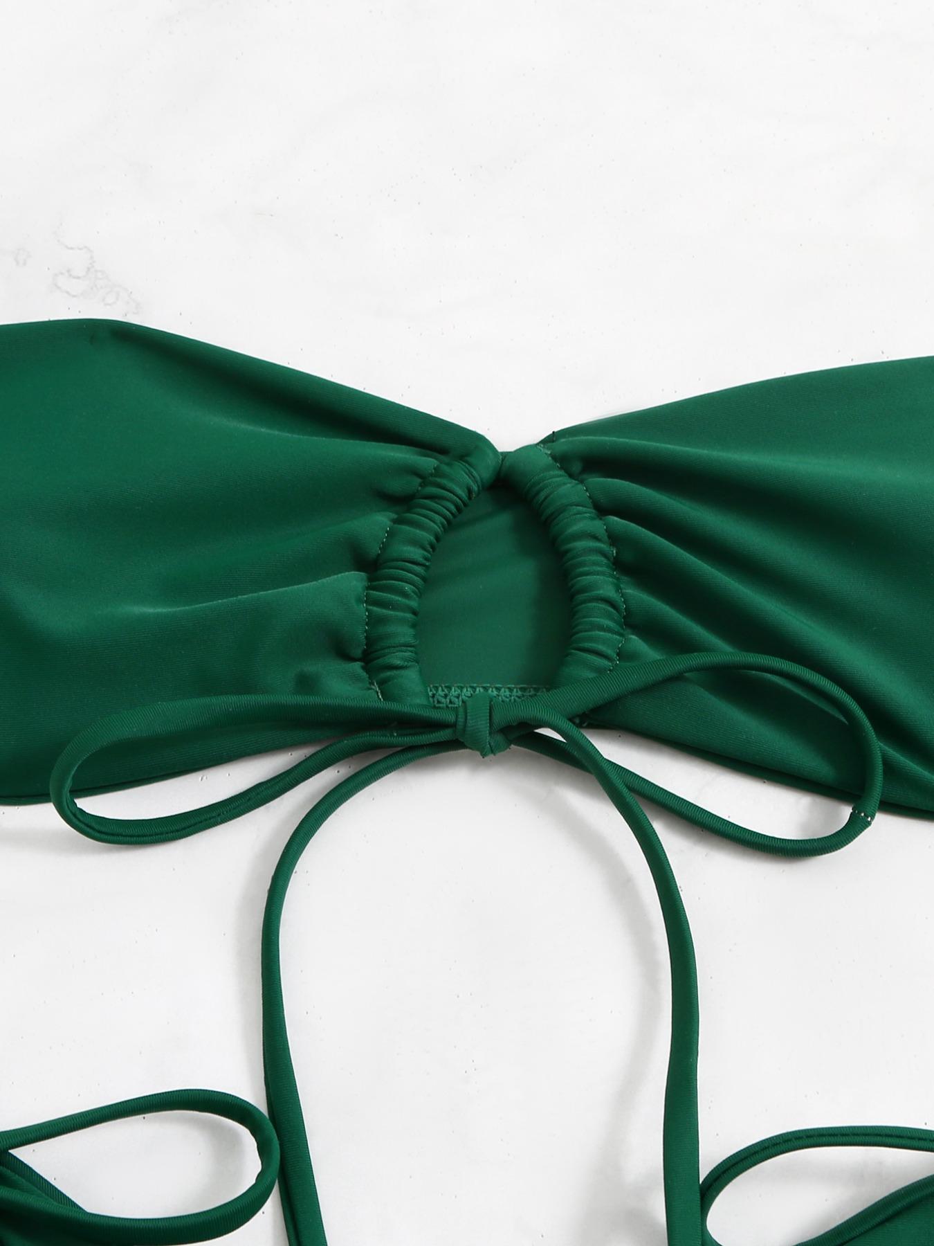 Two-Piece Set Women's Solid Bikini Set, Drawstring Ruched Cut Out Swim Bandeau Bra, Bikini Swim Top & Tie Side Swim Thong, Swimsuit for Women, Bathing Suits 2024 for Women Summer