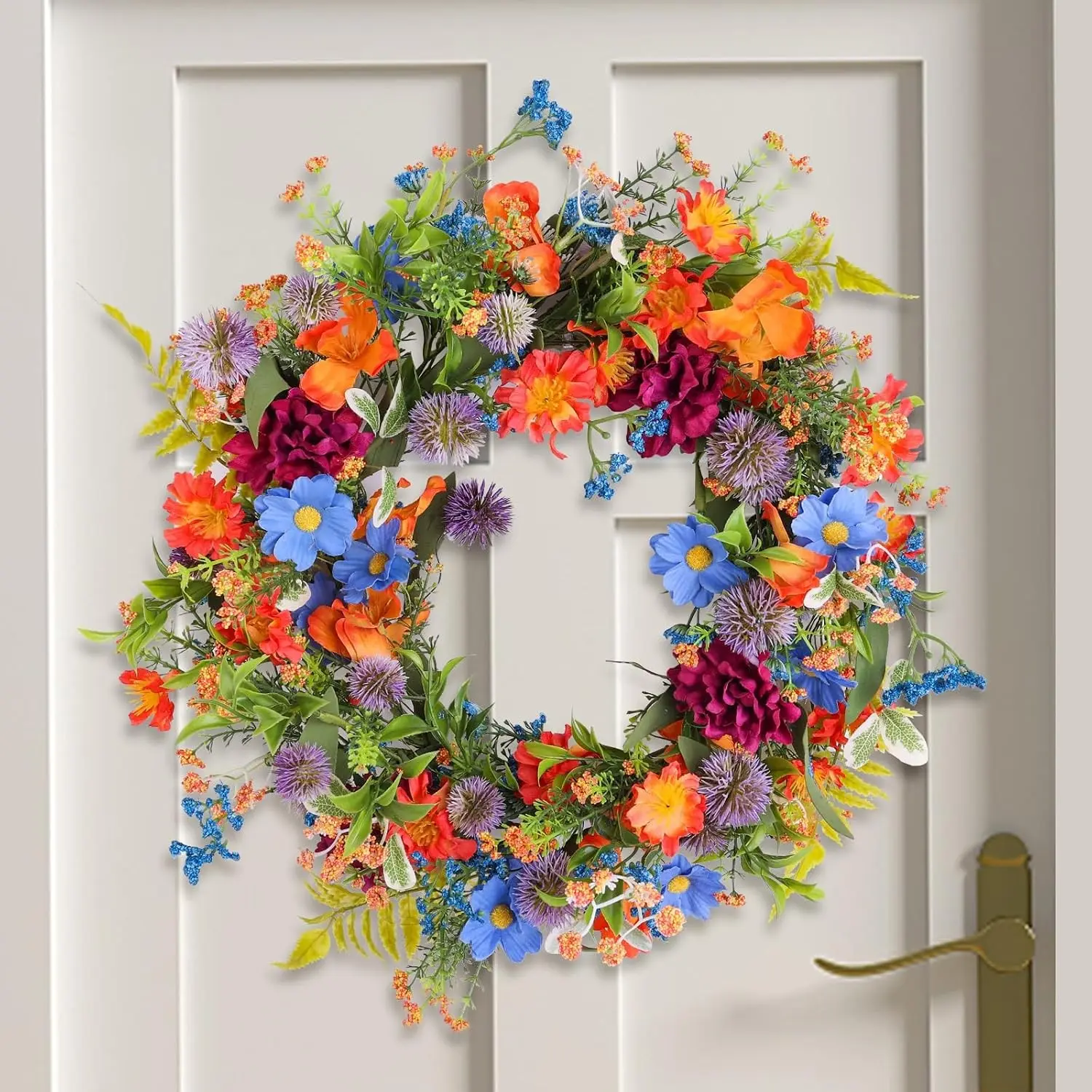 20" Colorful Wildflower Spring Summer Wreath for Front Door Outdoor Décor | Bright Artificial Floral Door Wreath, Natural Looking Summer Decor for Home Porch Wedding Farmhouse Wall (Orange)