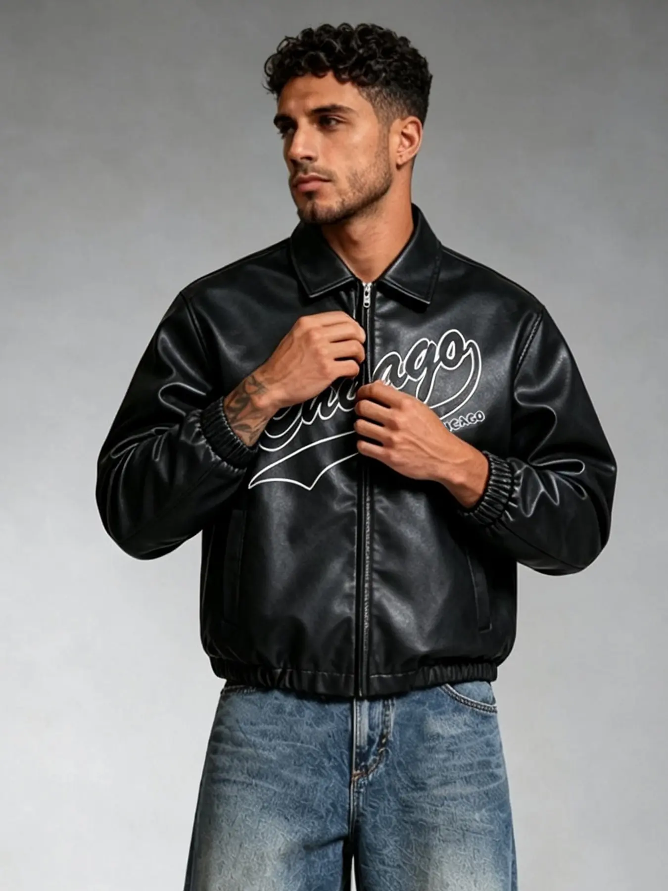 Men's Letter Print Faux Leather Collared Zip Up Jacket, Elastic Cuff Vintage Bomber Coat, Streetwear Casual Daily