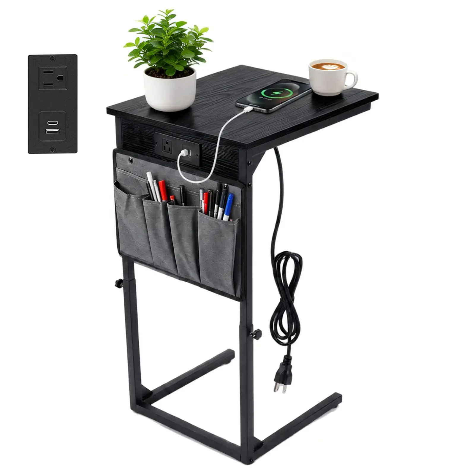 Home Sofa Table TV Tray C-Shaped End Table with Charging Station, Small Side Table for Couch, C Table Adjustable Height Side Table, Couch Tables that Slide Under
