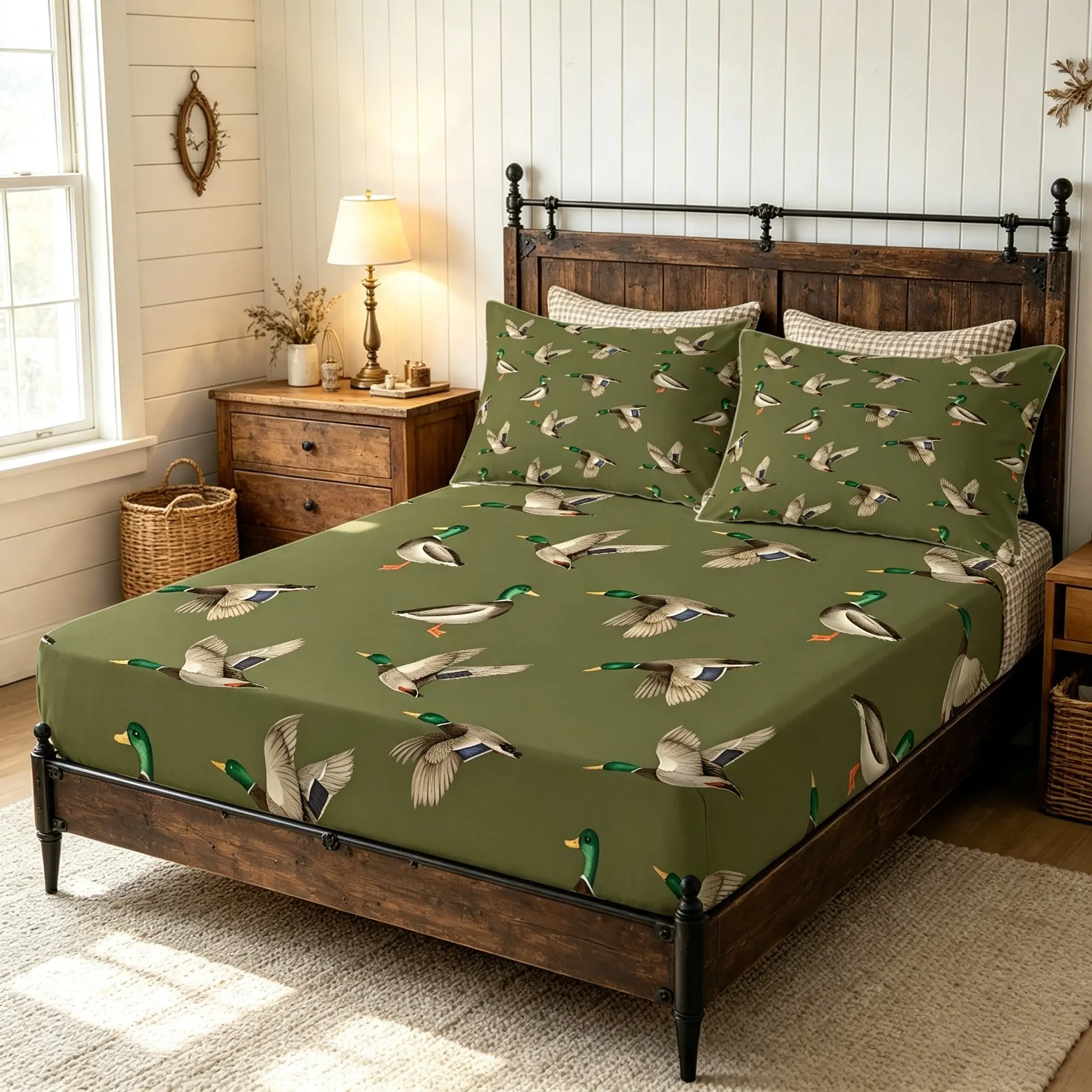 3pcs Vibrant Mallard Duck Digital Printed Fitted Sheet Set, No Fillers Bed Sheet Set Bedding Set, Crisp Fade Resistant Wildlife Hunting Duck Pattern, Stretch Deep Pocket Soft Microfiber Bed Covers