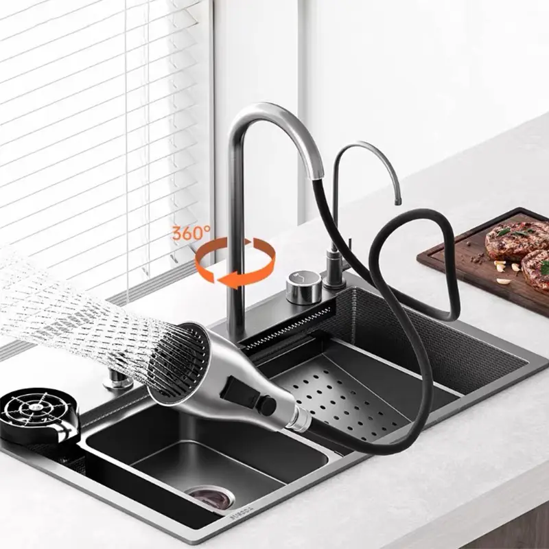 Black Honeycomb Embossed 304 Stainless Steel Waterfall Workstation Kitchen Sink Complete Set with Pull Out Faucet & High Pressure Cup Washer