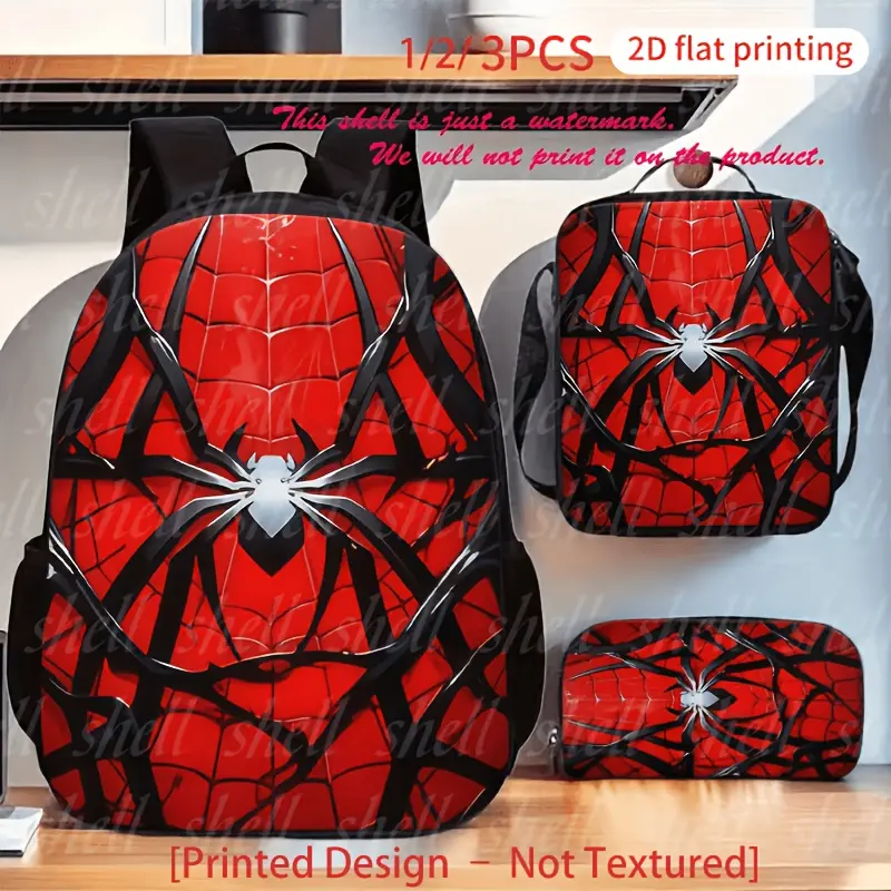 [Print Design - Not Textured] 1pc/2pcs/3pcs Red Background Spider Pattern Print Backpack (2D Flat Printing) Storage Bag And 1pc Zipper Crossbody Bag, Lightweight Travel Backpack, School Work Travel Casual Professional Laptop Bag, Commuter Backpack