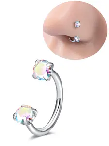 A Round Horseshoe Nose Ring, Made of Stainless Steel with Internal Threading, Sparkling Zircon Inlay, 8Mm, Suitable for The Nose, Cartilage, Ear Helix, Spiral Piercings, And Lip Hoops, Body Jewelry