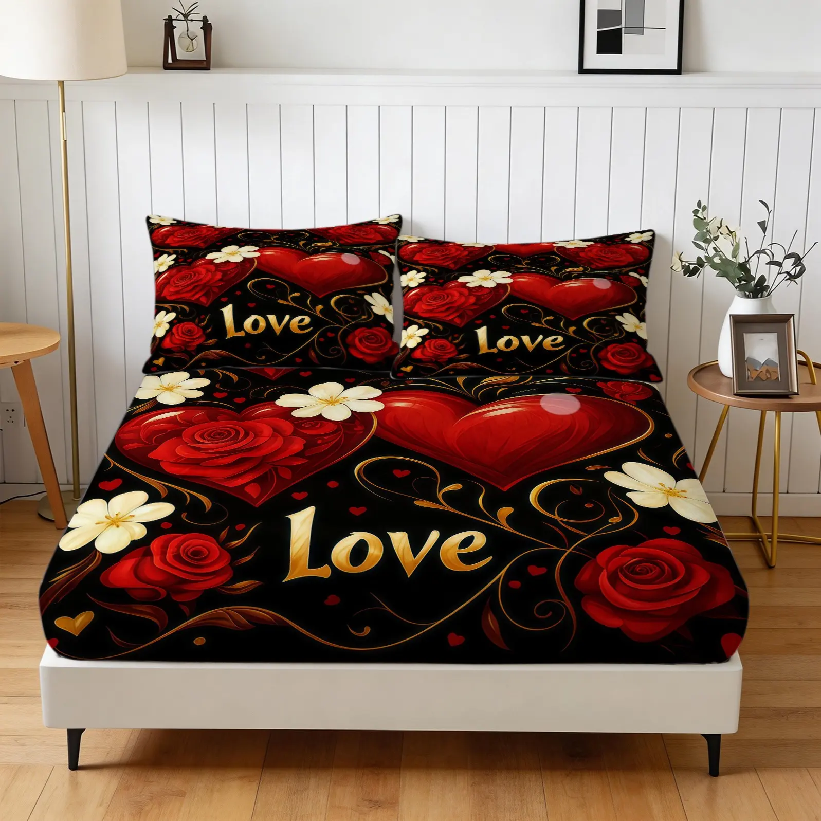 3-Piece Set Of Love Rose Pattern Bed Sheets, Romantic Print Bedding Set For Couples, Bedding Essentials, Including 1 Bed Sheet And 2 Pillowcases (Excluding Pillow Core), Suitable For Teenagers And Adults, Bedroom, Apartment, Dormitory Scenes