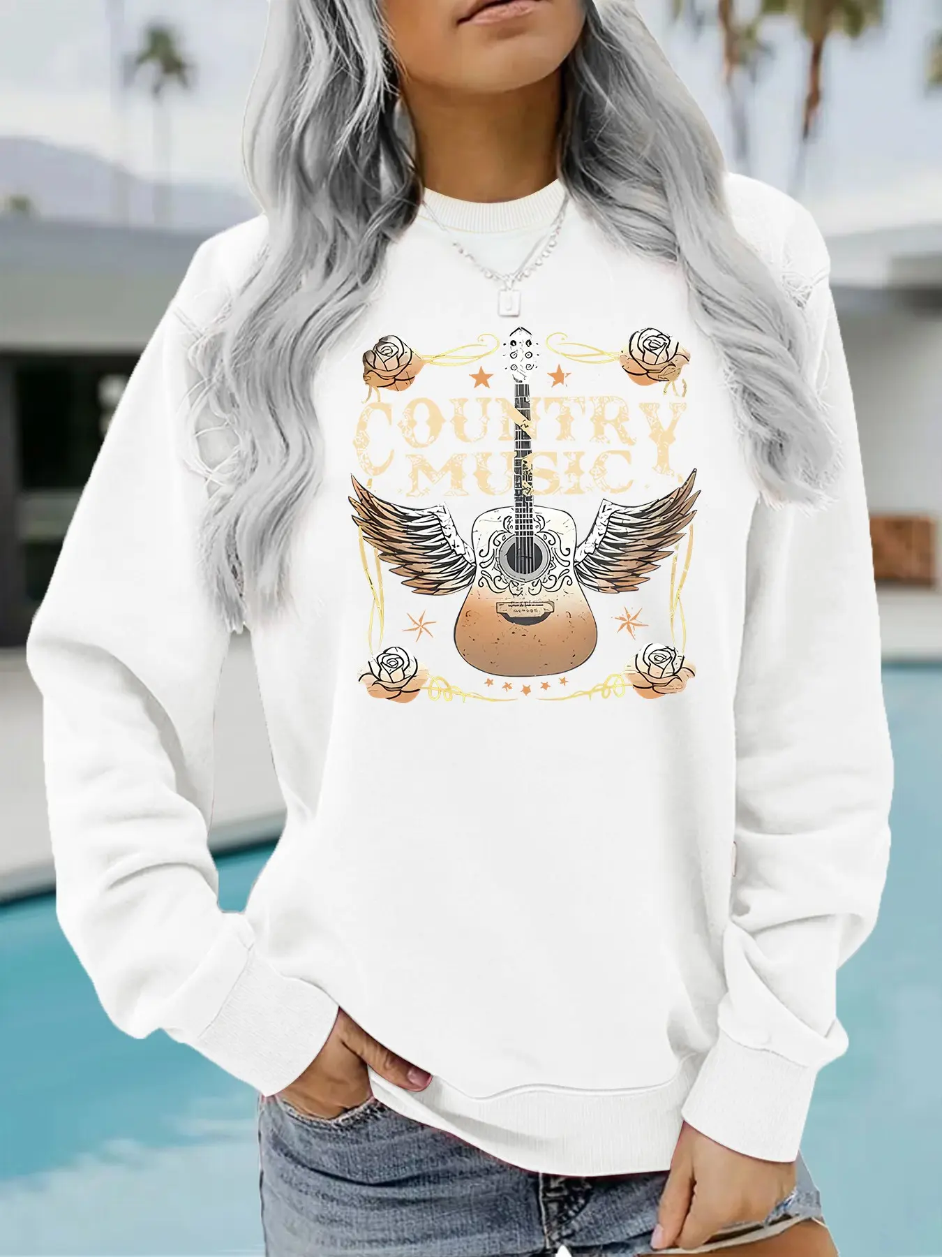 Women's Free Bird Graphic Print Casual Long Sleeve Sweatshirt, Soft Washable Pullover, Fall Winter Essential, Comfortable Material