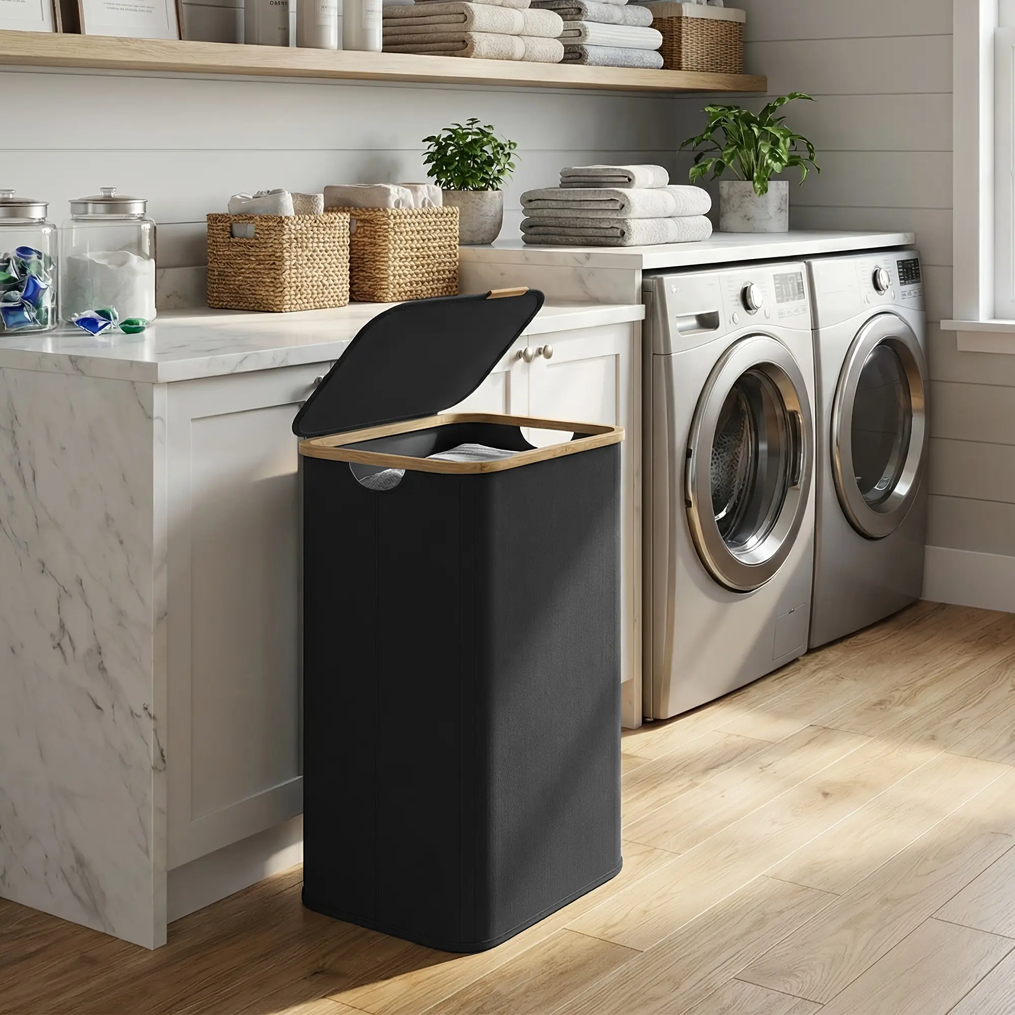 Foldable Laundry Hamper With Lid, 26.4/37 Gallon 100/140 Liter Storage Basket, Bamboo Frame & Oxford Fabric, Ideal for Bedroom & Living Room