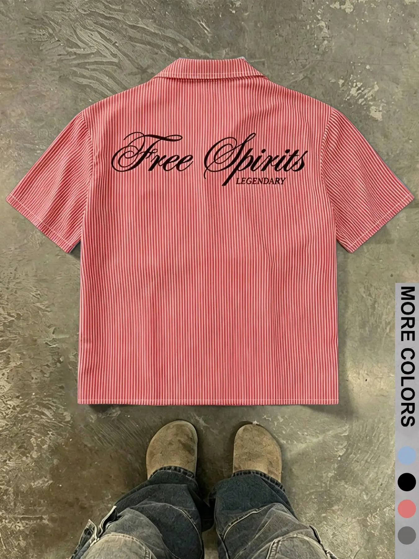 Men's White Light Blue Vertical Pinstripe Striped Cropped Button Up Shirt | Back Red "Free Spirits" Script & "LEGENDARY" Print | Loose Boxy Retro Street Casual Top for Men