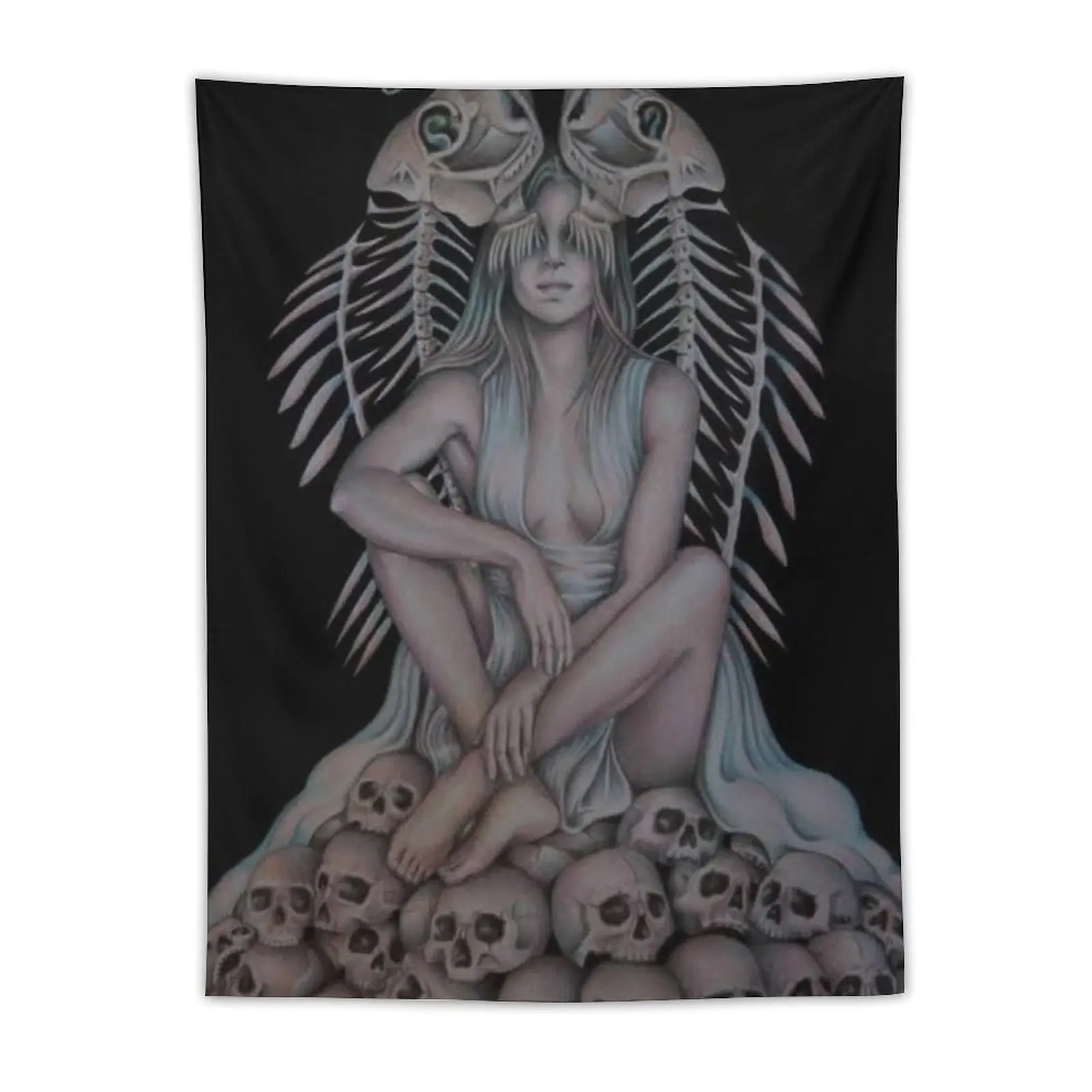 Gothic Skull Throne Goddess Tapestry, Bone Wings & Skulls Wall Hanging, Dark Fantasy Aesthetic Banner, Room Decor, Gift for Goth Lover, 50x60 Inch Wall Tapestry, 60x80 Inch Polyester Tapestry