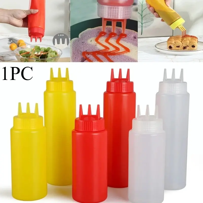 1Pc PE Squeeze Condiment Bottle, 650ML/800ML Three‑Hole Sauce Dispenser, Reusable Cruet Container for Ketchup, Vinegar, Mustard & Tomato Sauce, Plastic Containers