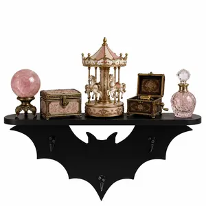 Bat Wall Shelf with 3 Metal Hooks, Gothic Wooden Floating Crystals Display Shelf & Key Holder,Crystal Display & Perfume Organizer Stand, Halloween Home Decor for Entryway, Bedroom, Living Room (Black)