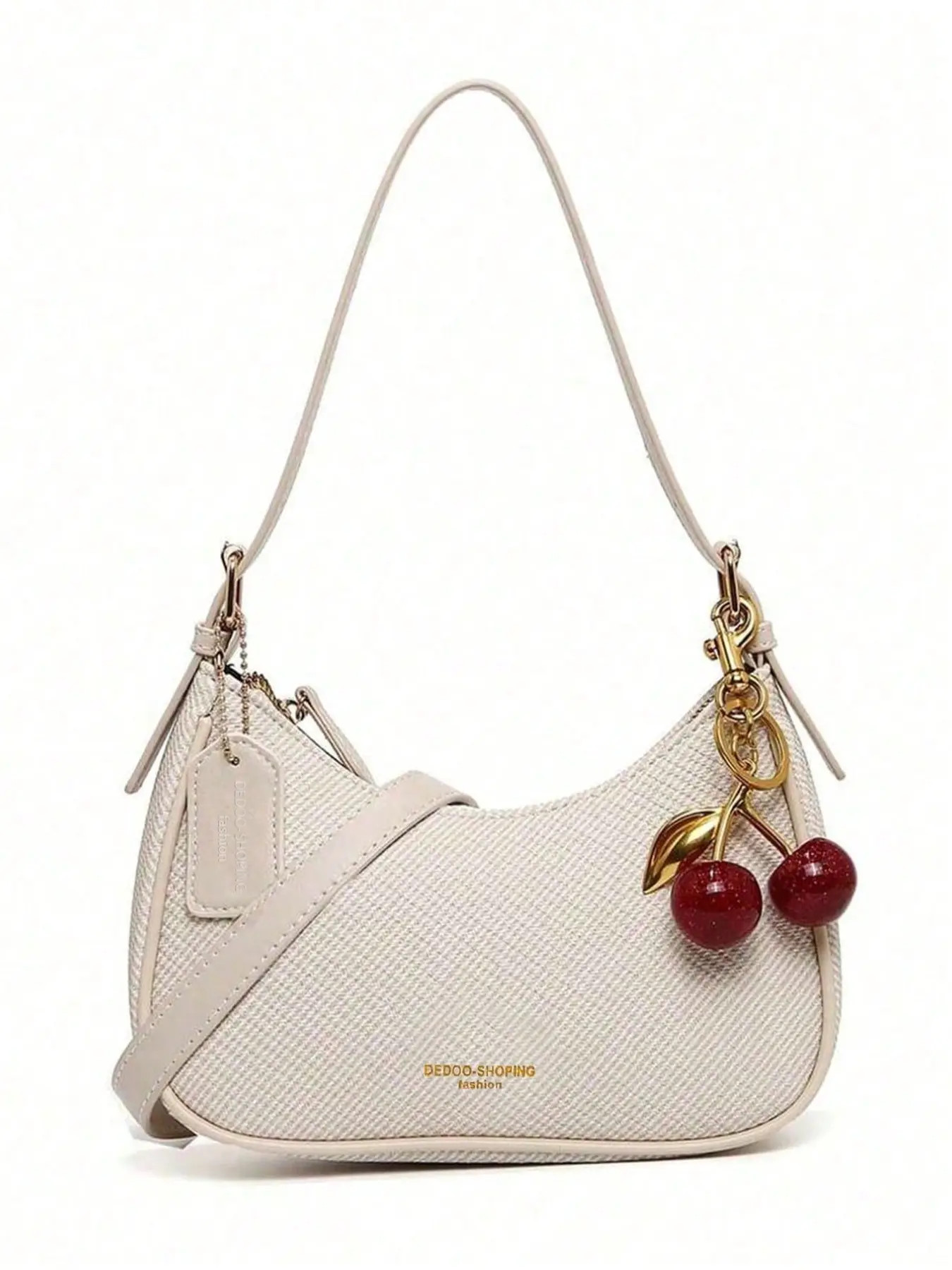 Cream Textured Twill Fabric Crescent Purse with Sparkly Red Cherry Pendant, Dual Carry Straps Slim Shoulder & Wide Crossbody Straps, Everyday Casual Hobo Handbag, Fashionable Casual Bag, Suitable for Commuting, Shopping, Daily Use