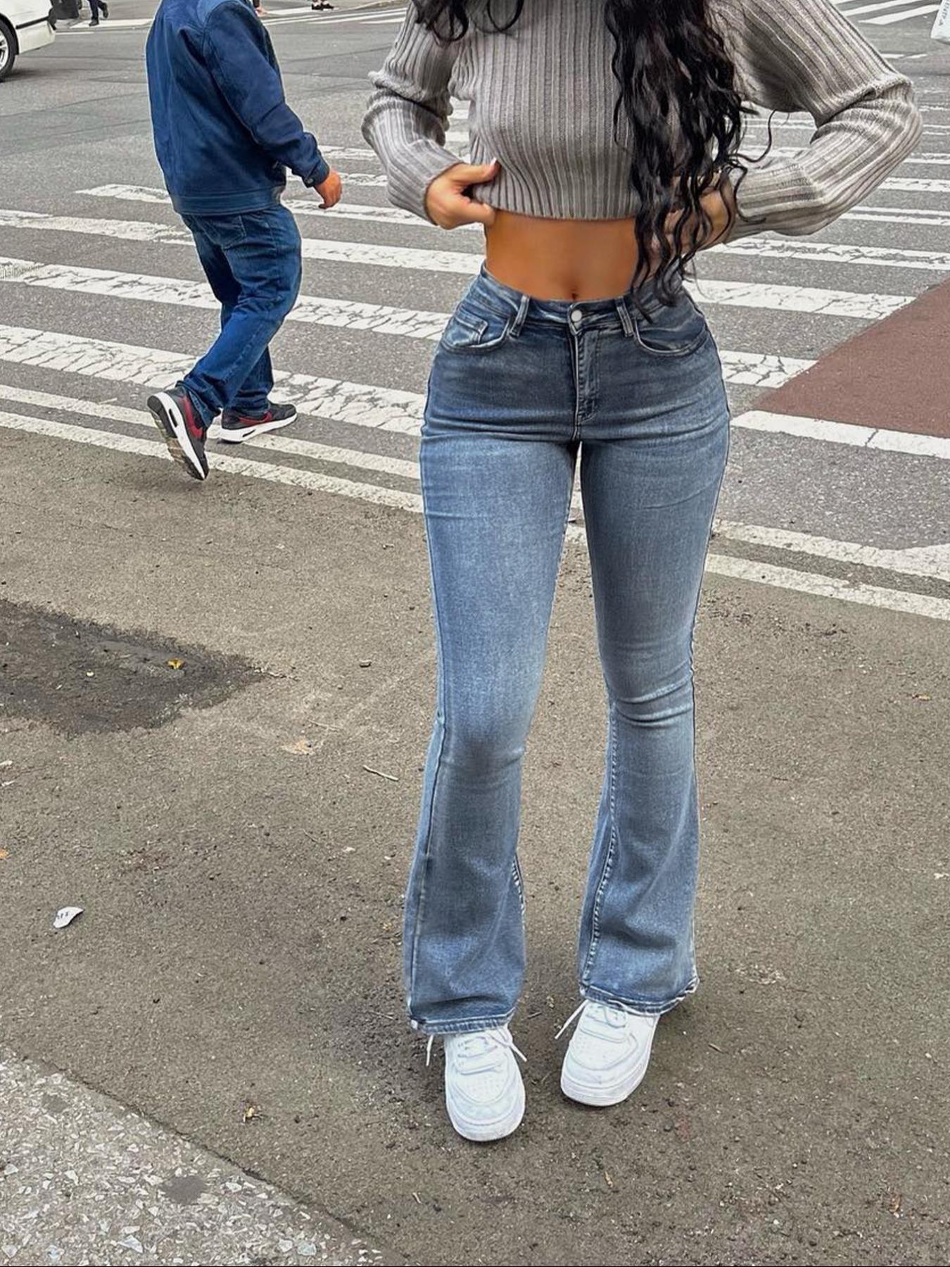 Women's Mid-rise Washed Stretch Skinny Flared Jeans, Hip-lifting Slim Flared Pants