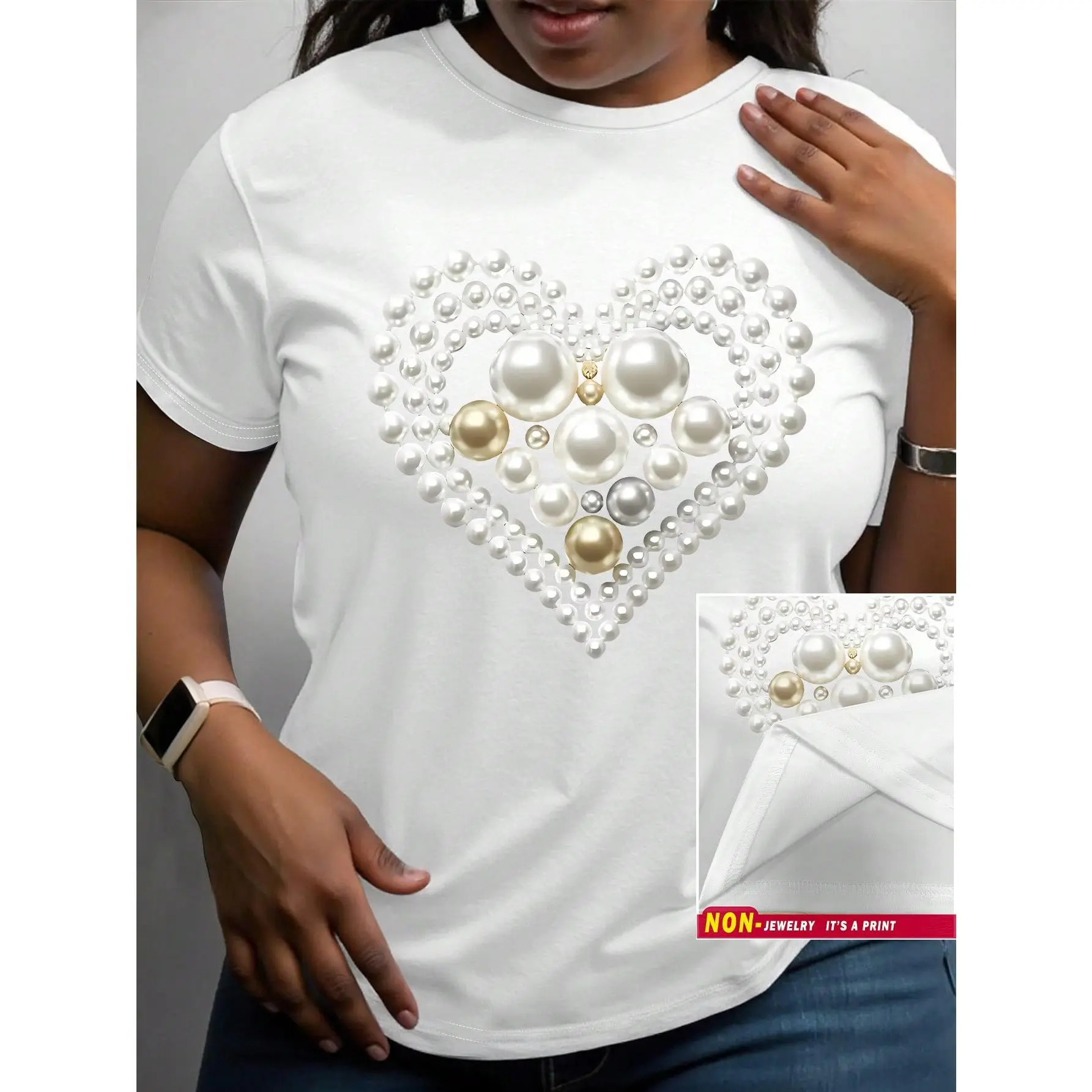 Plus Size Fashionable Faux Pearl & Rhinestone Print Casual Women Crew Neck Short Sleeve T-Shirt