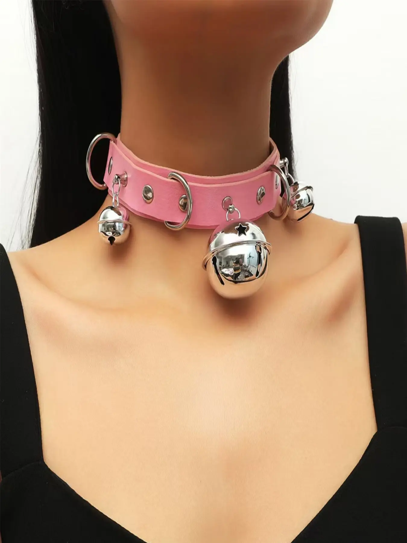 PU Leather Bell Choker Necklace with Multi Metal O Rings, 1 Large Star Cutout Bell & 2 Small Mini Bells, Adjustable Buckle Sweet Goth Coquette Collar Neckband, Kawaii Dark Alternative Neck Jewelry for Women Girls, Ideal for Lolita Cosplay, Halloween, Anim