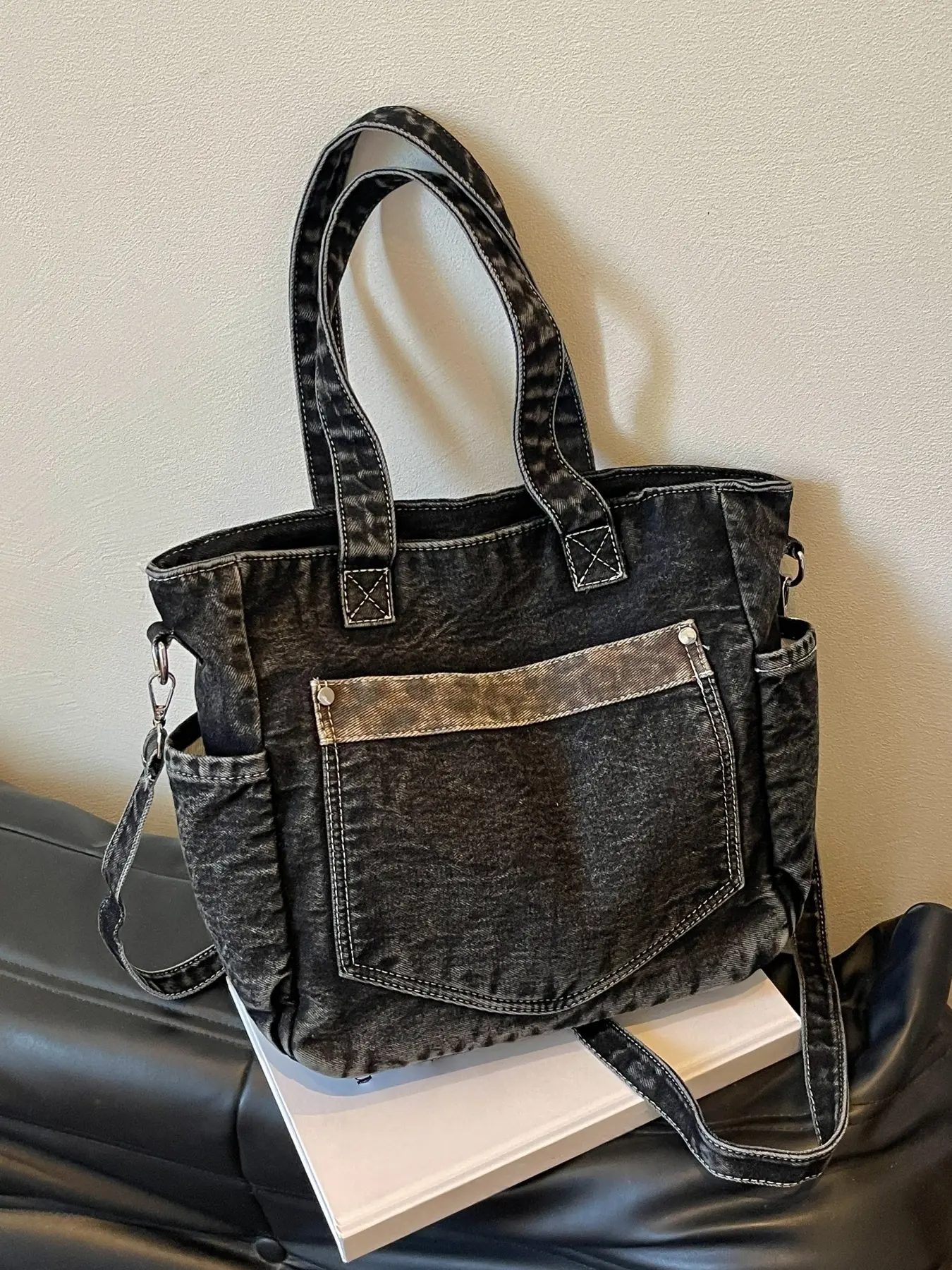 Vintage distressed denim tote bag, removable strap crossbody bag for daily commute, commuter bag, multi-pocket large capacity sweet and cool shoulder tote bag