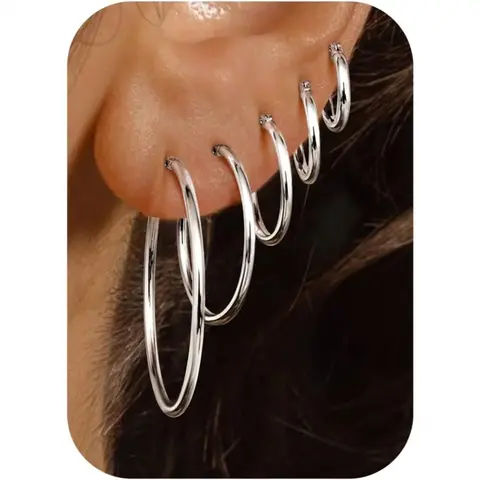 Women's Classic Style Hoop Earring Set - 5-Pair 925 Silver Posts 14K Solid Hoop Earrings, Hypoallergenic Minimalist Dainty Lightweight Unisex Design, 10/14/20/30/40mm Silver Tone for Stacked Wear