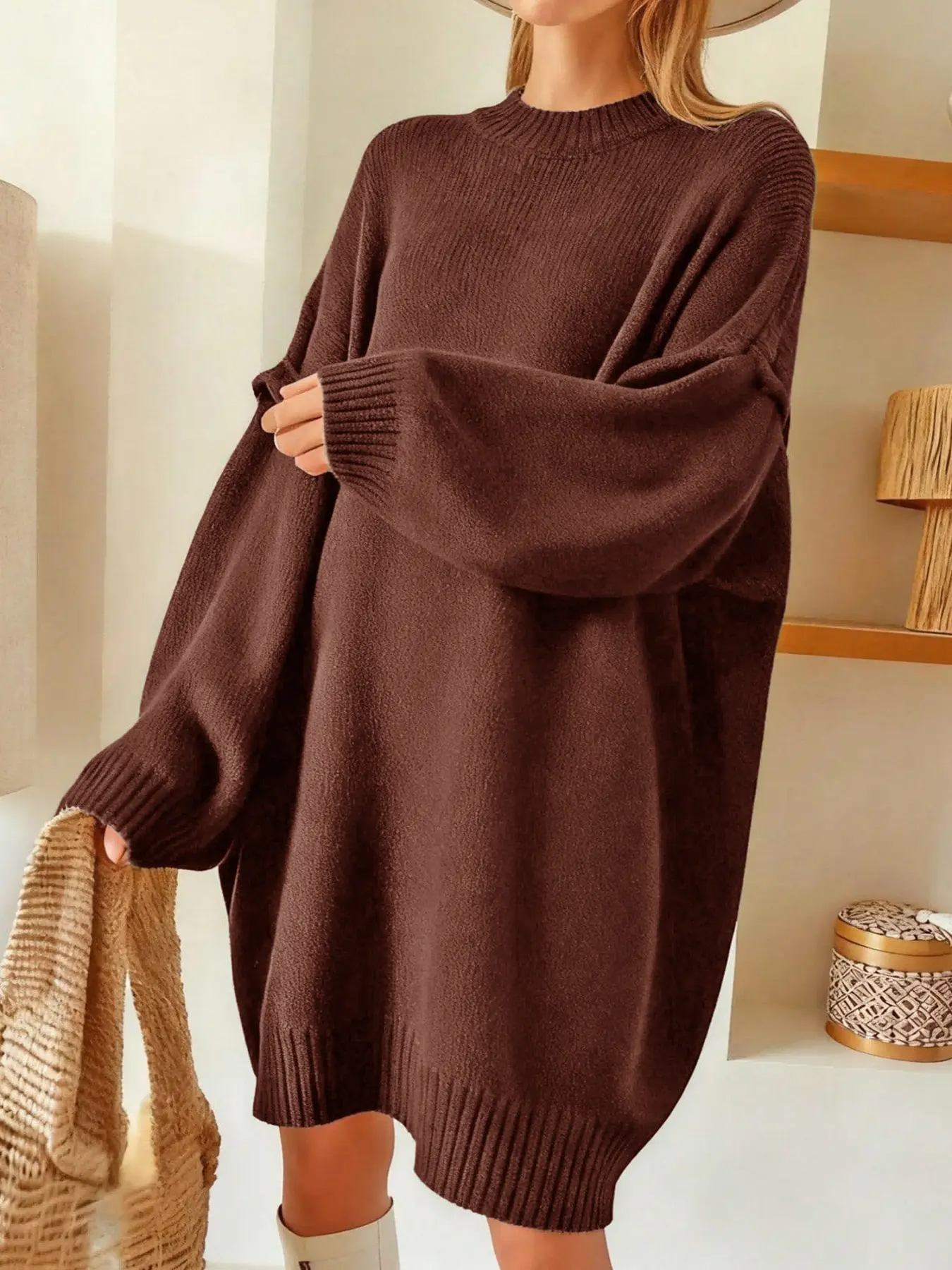 Women's Fall Winter Loose Knit Dress, Half High Neck Batwing Long Sleeve Short Skirt, Solid Color Casual Dress for Daily Wear and Weekend Outing