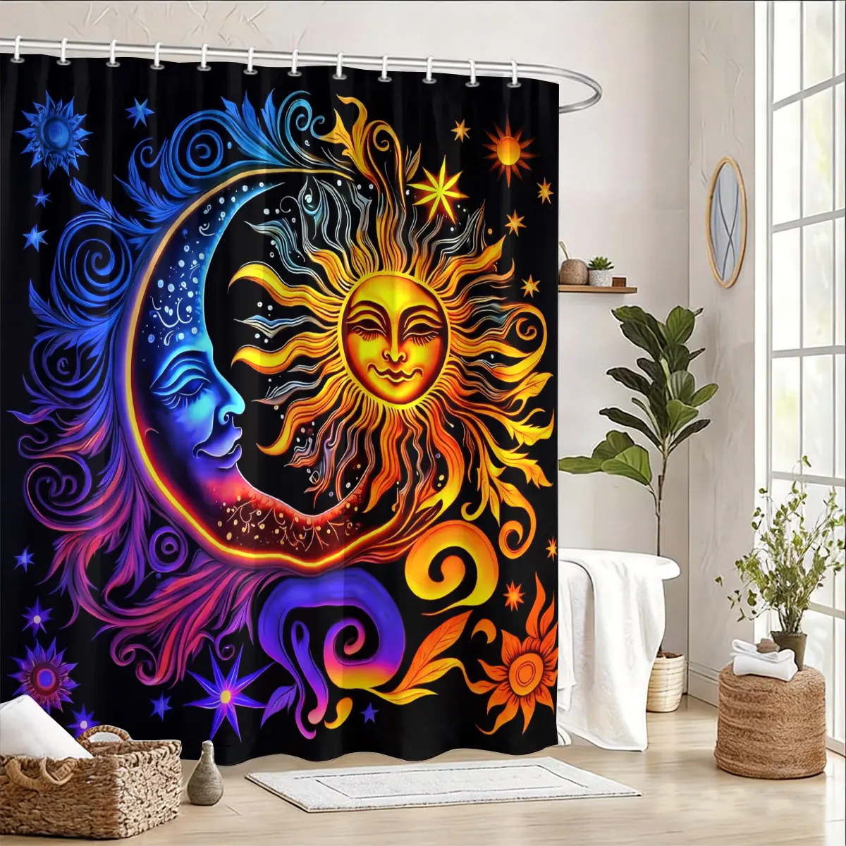 2D Flat   , Sun Moon Collection with Multiple Celestial Astrology Designs, Boho Mystic Print Bathtub Hanging  Including 12 Hooks Multicolor Fireworks Shower Curtain Set Festive Poinsettia