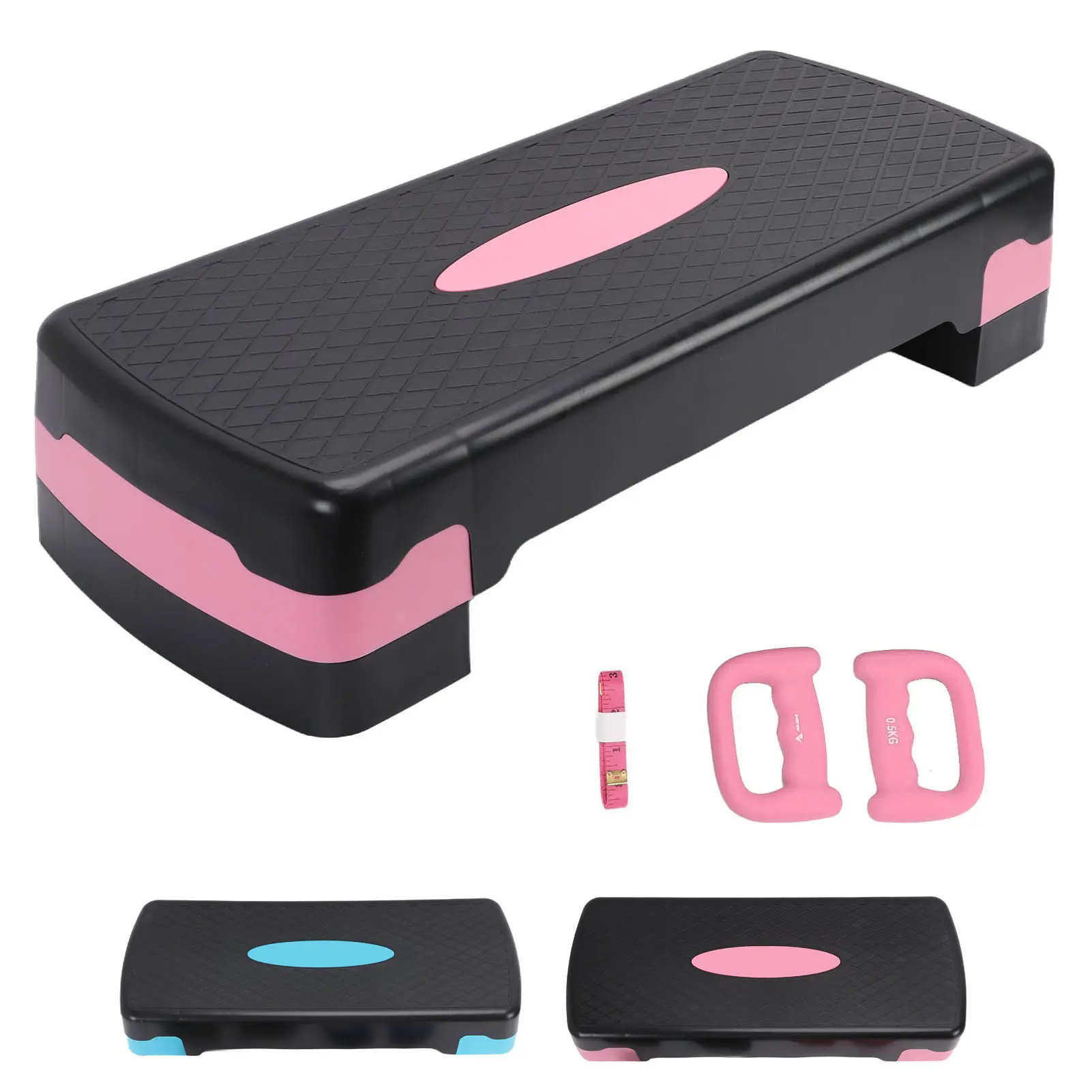 Functional Unisex Adjustable Aerobic Stepper Set with 2 Risers, Exercise Step Platform, Dumbbells & Measuring Tape for Home Gym Workout (Pink/Blue)