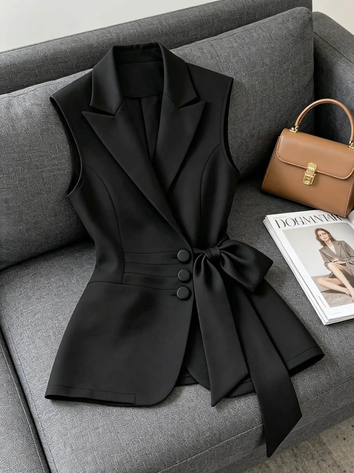 A fashionable women's Hepburn style lapel, waist tie, bow tie, three button suit vest Workwear suitable for summer, suitable for business negotiations, best friend gatherings, company annual meetings, top