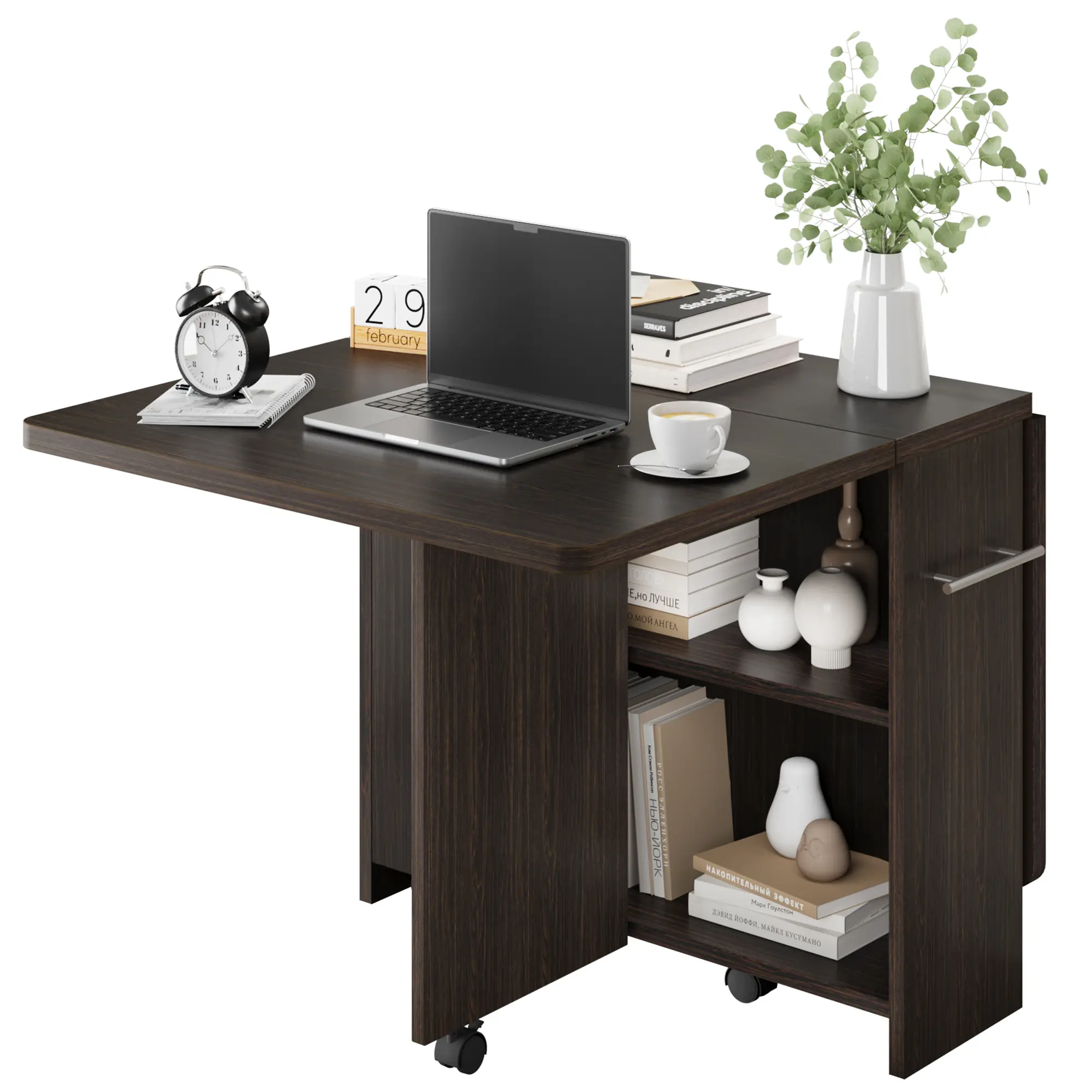 Garvee Space-Saving Folding Drop Leaf Dining Table with 2-Tier Storage & 6 Lockable Wheels – Extendable Kitchen Table for Small Apartments (Dark Walnut, 47.2" x 23.6" x 29.5")