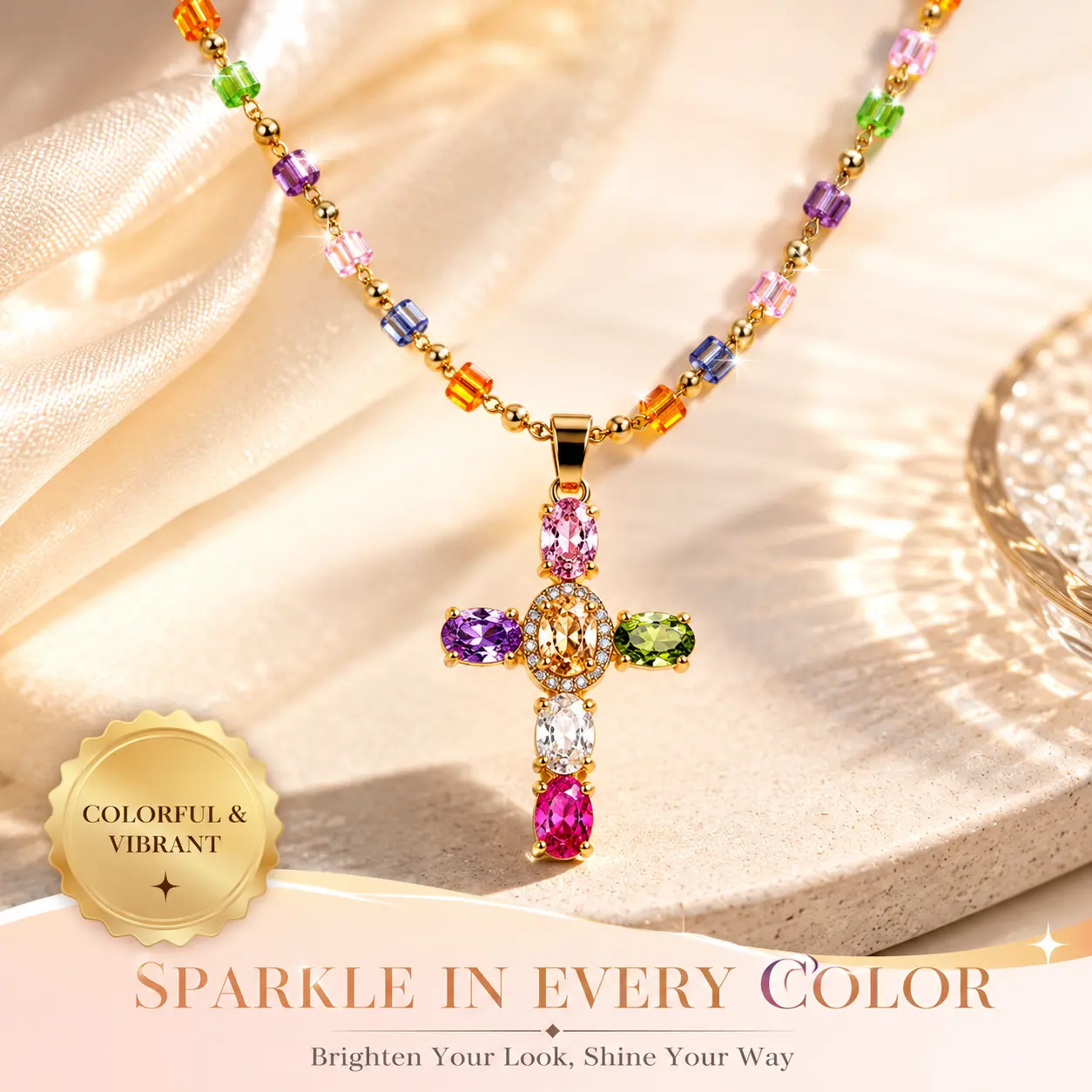 14K Gold Plated Rainbow Beaded Cross Necklace with Multicolor Cubic Zirconia, Fashion Jewelry Accessories for Women, Daily Casual Outfit Gift crown Jesus Crucifix y2k vibe pendant necklace