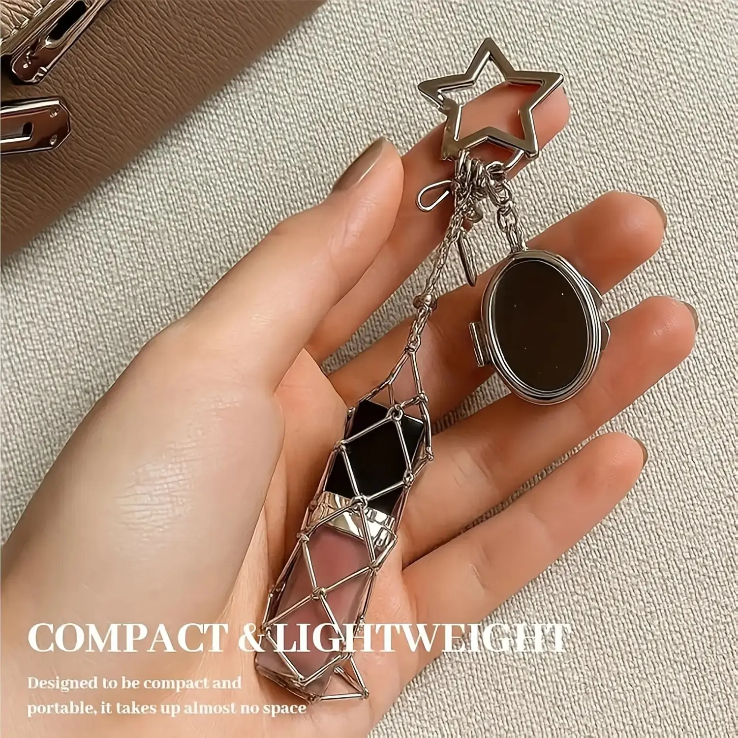 1 Stainless Steel Lipstick Organizer and Keychain - Compact Star Shaped Mirror Lipstick Box with A Bright Pink Pendant, Perfect for Organizing Cosmetics While Traveling