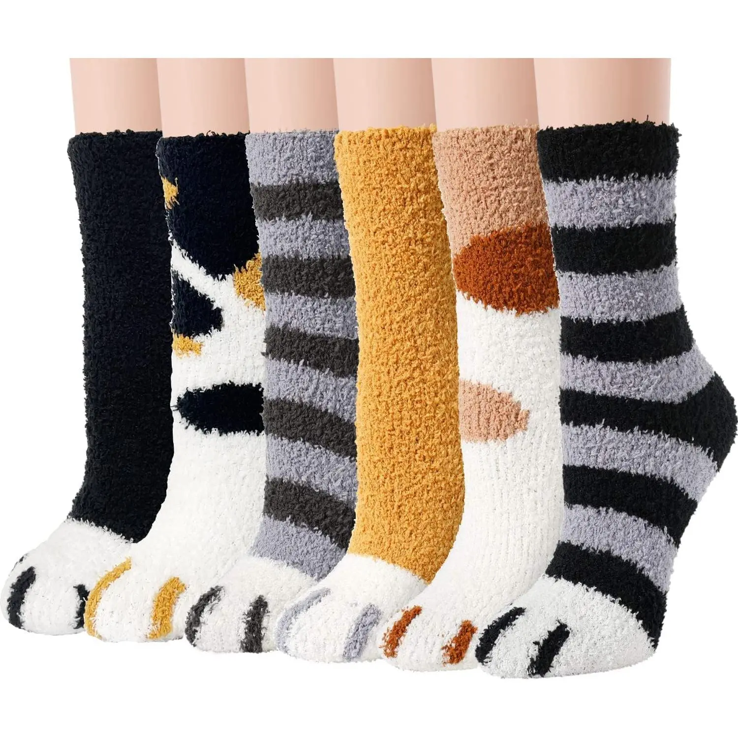 Women's 5/10 Pairs Fuzzy Cat Paw Socks, Cozy Mid-Calf Warm Socks, Cozy Mid-Calf Socks