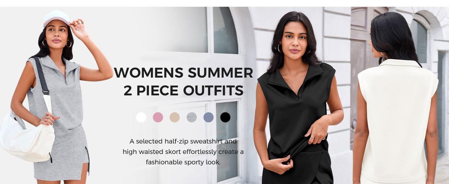 Fashare Womens 2 Piece Skirt Sets Summer Sleeveless Half Zip Sweatshirt Athletic Skorts Tennis Outfits Casual Sweatsuits