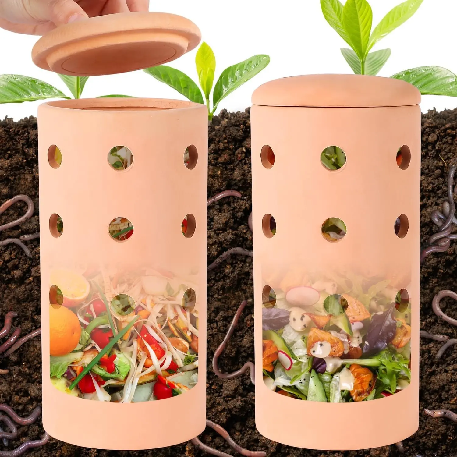 2pcs 10*4.13*4.13Inch Underground Compost Bin, Red Pottery Clay Worm Farm with Holes and Lid, Outdoor Garden Composter for Organic Refuse