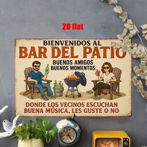 Vintage Spanish Bienvenidos Patio Bar Metal Tin Sign 8×12 Inch, Retro Backyard BBQ Themed Iron Wall Plaque, Outdoor Weatherproof Decor for Home Courtyard Garden Balcony, Unique Housewarming Gift for Patio & Bar Lovers