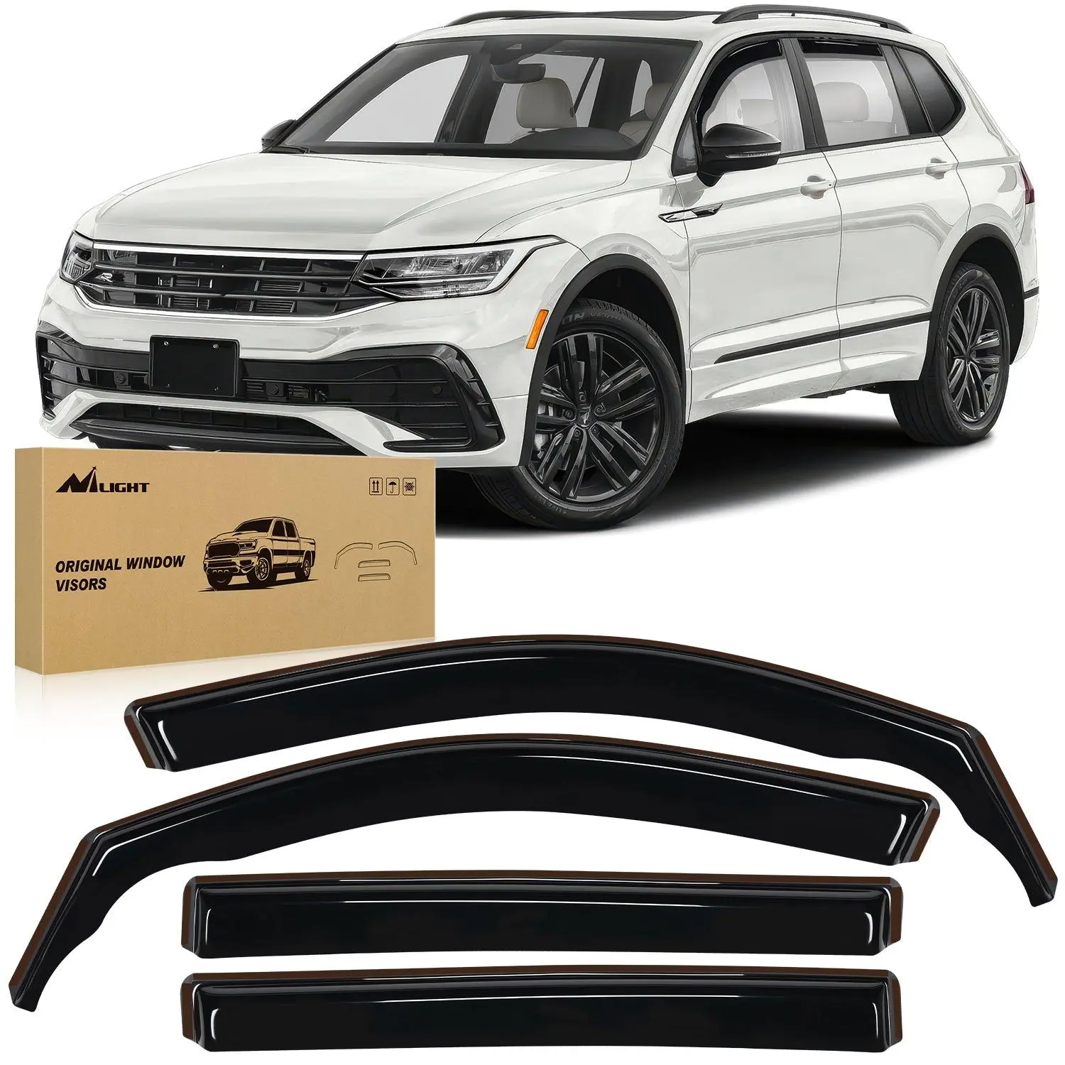 Nilight In-Channel Side Window Visors for Volkswagen (VW) Tiguan 2018-2024 (5-Seat Only) - 4PCS Automotive All Weather Rainproof and Anti Fog Double Fixation Self-Adhesive Built-In Clips Aerodynamic Car Exterior Accessories