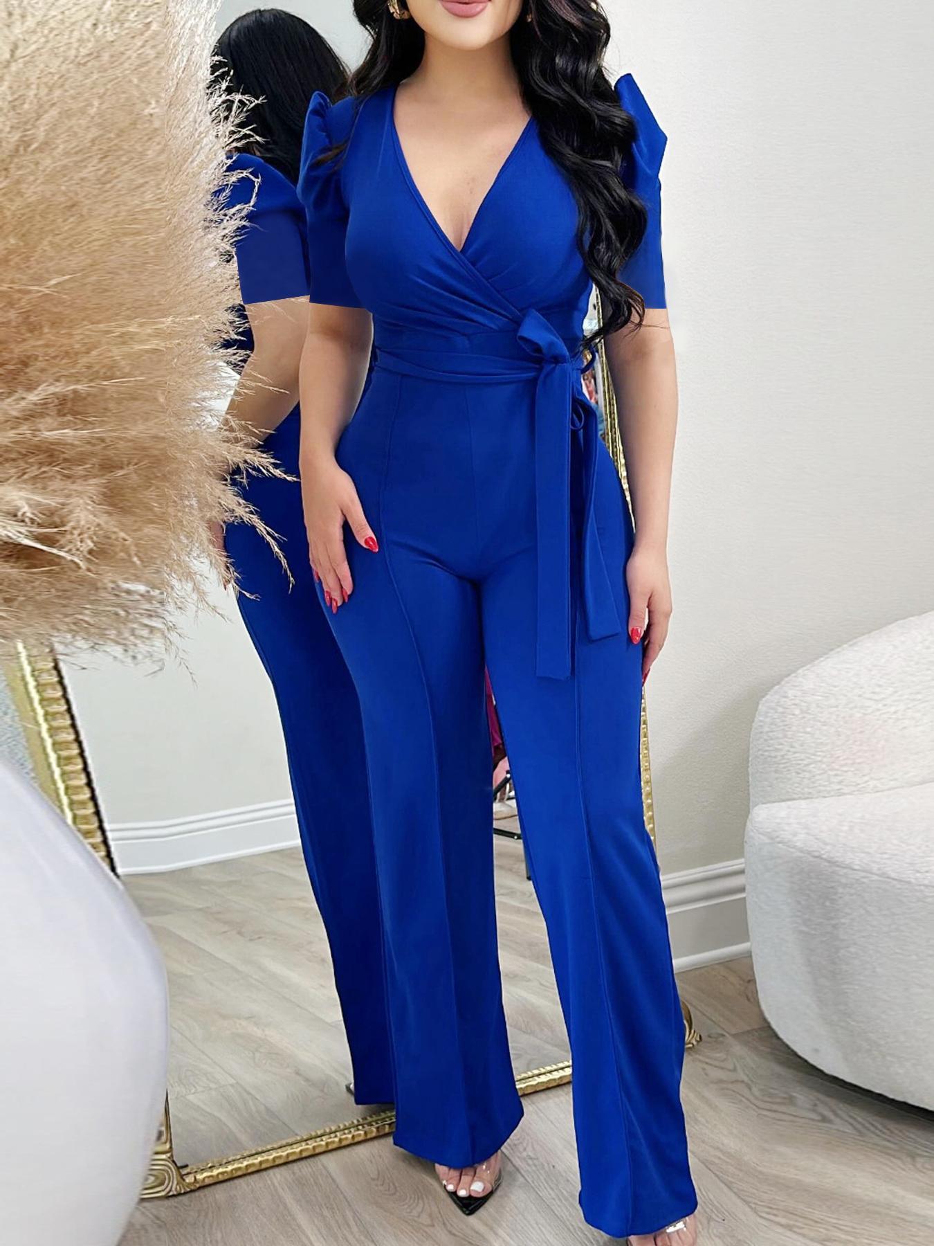 Women's Solid Color Belted Wrap Puff Sleeve Jumpsuit, Elegant Deep V-Neck Straight Leg Jumpsuit, Women's Summer Clothes for Work, Office and Business