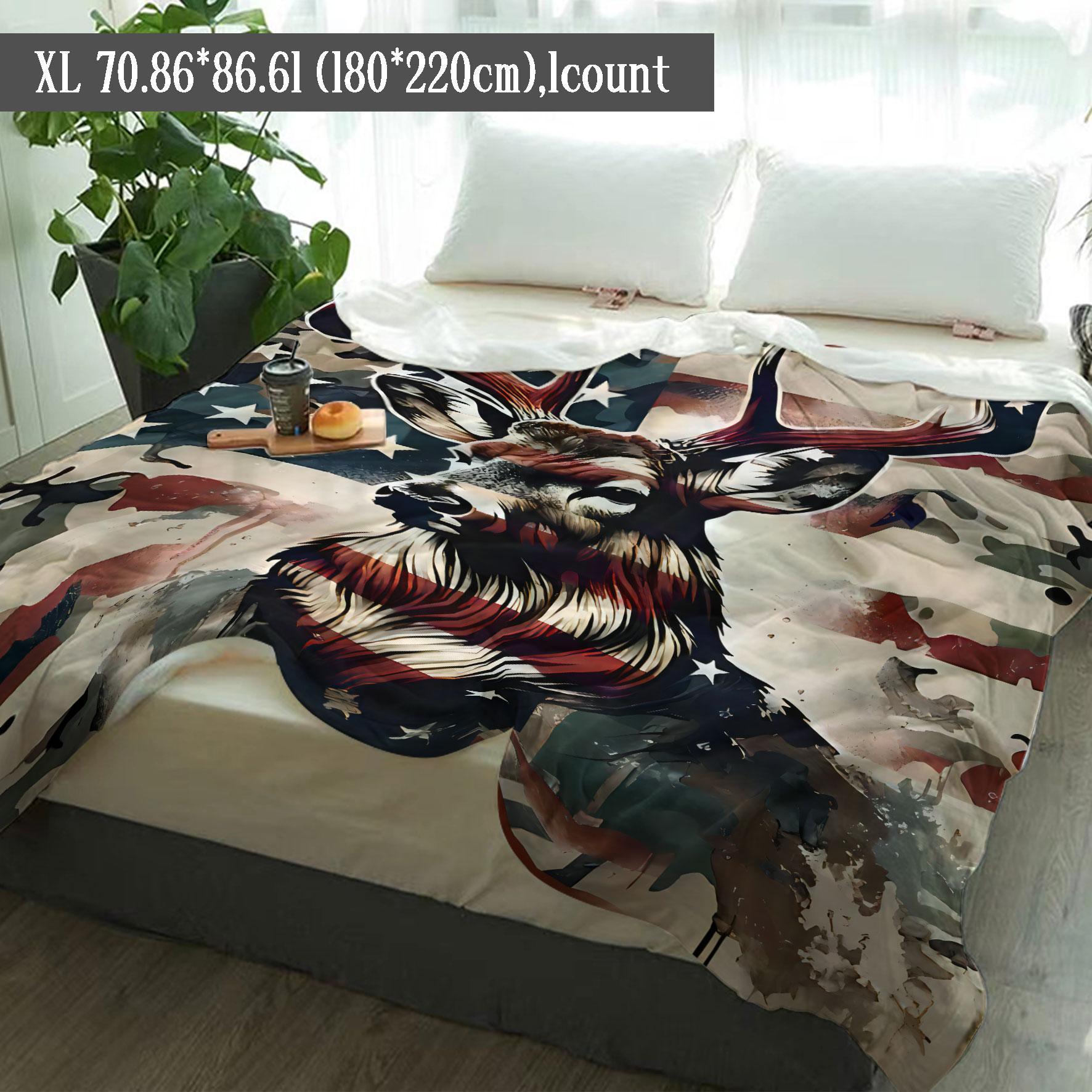 Deer & American Flag Pattern Blanket, 1 Count/2 Counts Soft Warm Throw Blanket, Air-conditioned Room Accessories Blanket for Home Office Travel Camping, Cozy Chic Blanket