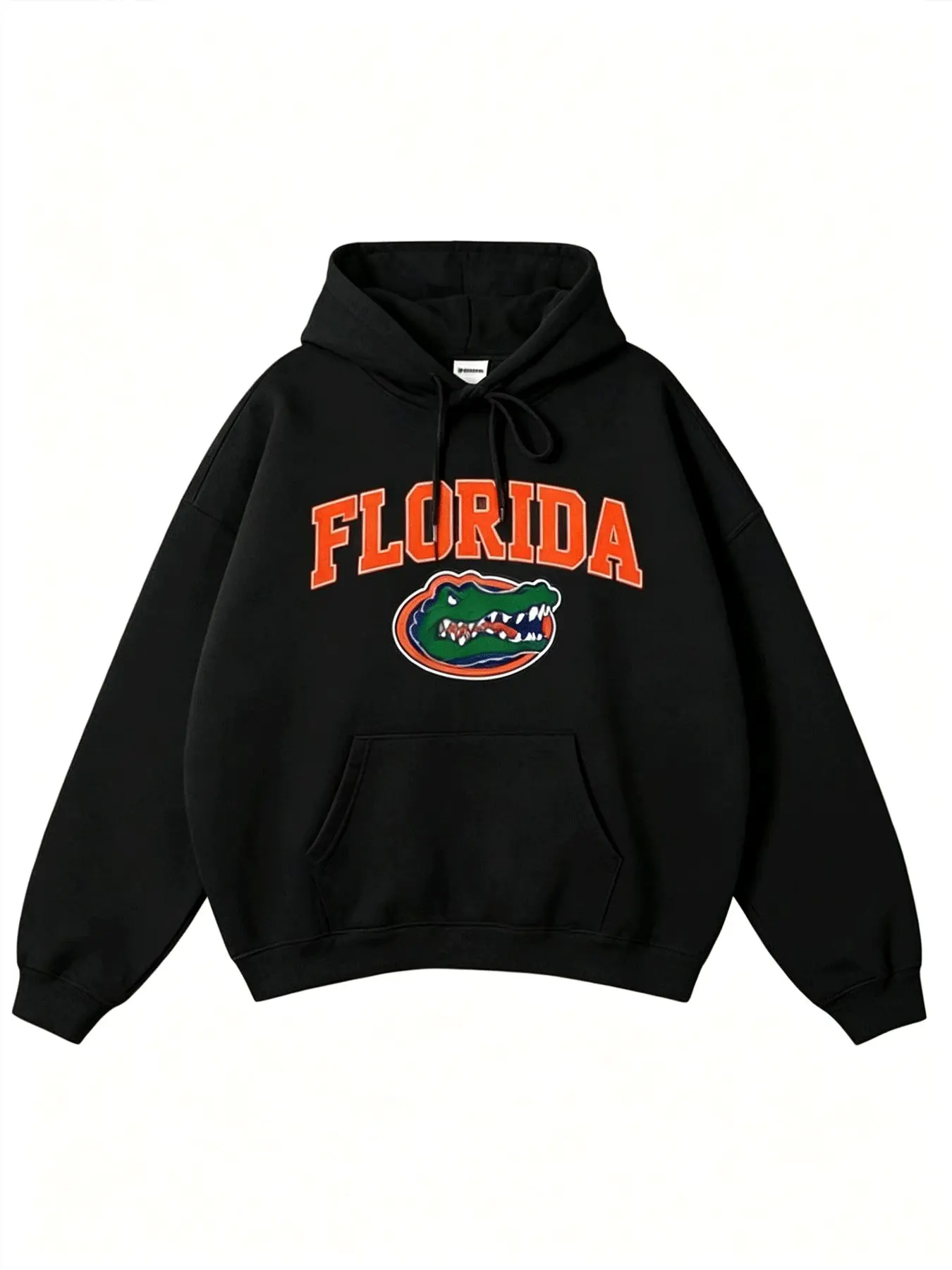 Vintage American College Black Cropped Hoodie Men Florida Arch Letter Alligator Mascot Graphic Oversized Loose Preppy Y2K Hip Hop Casual Streetwear Sweatshirt