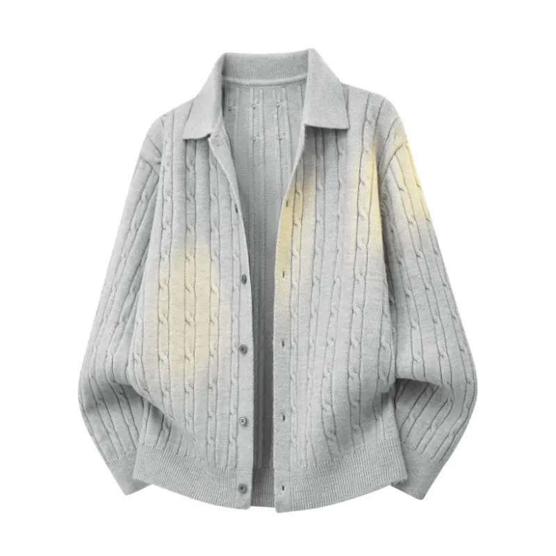 Men's Cable Knit Cardigan, Casual Long Sleeve Lapel Button Up with a Faded Wash, Regular Fit in Soft Thick Yarn
